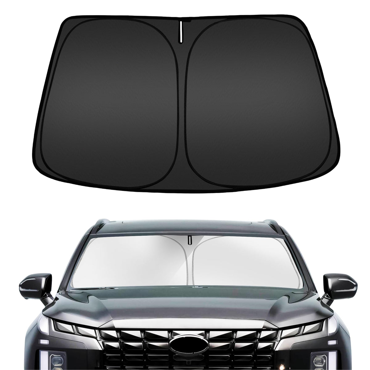 ARISMOTOR front view of shade on Hyun-dai Palisade showing full windshield coverage