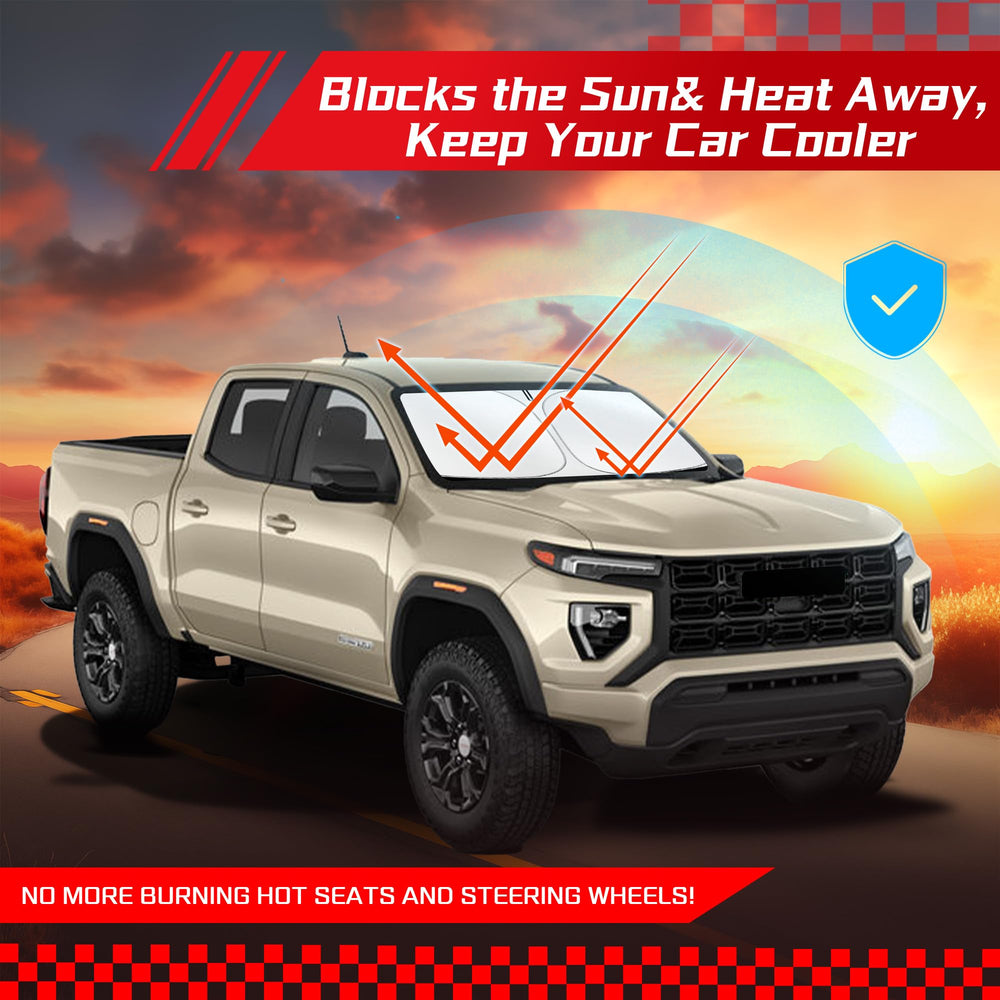 ARISMOTOR lifestyle shot of parked GMC Canyon with shade displaying sun protection benefit