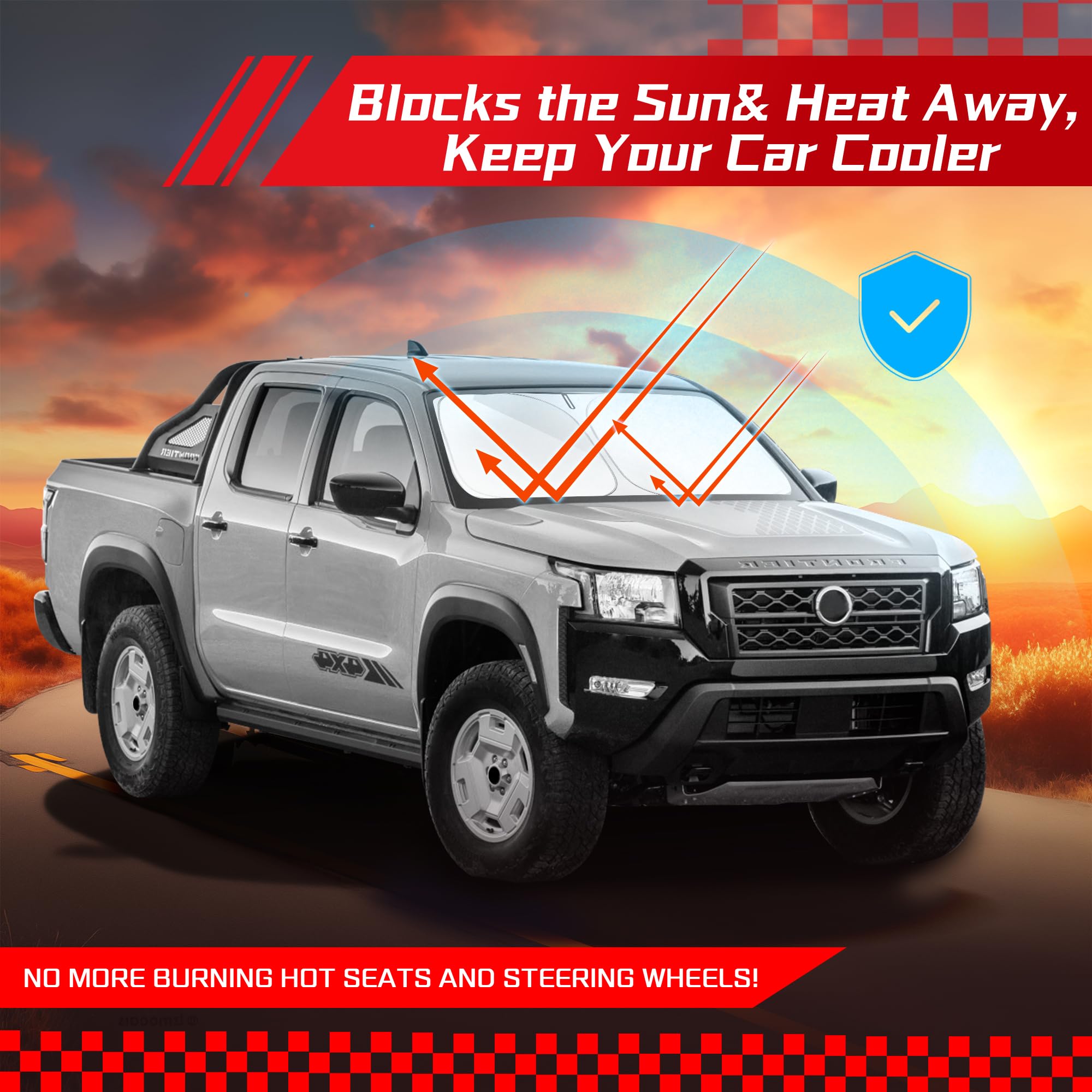 ARISMOTOR lifestyle photo of parked Frontier under sun providing interior cooling