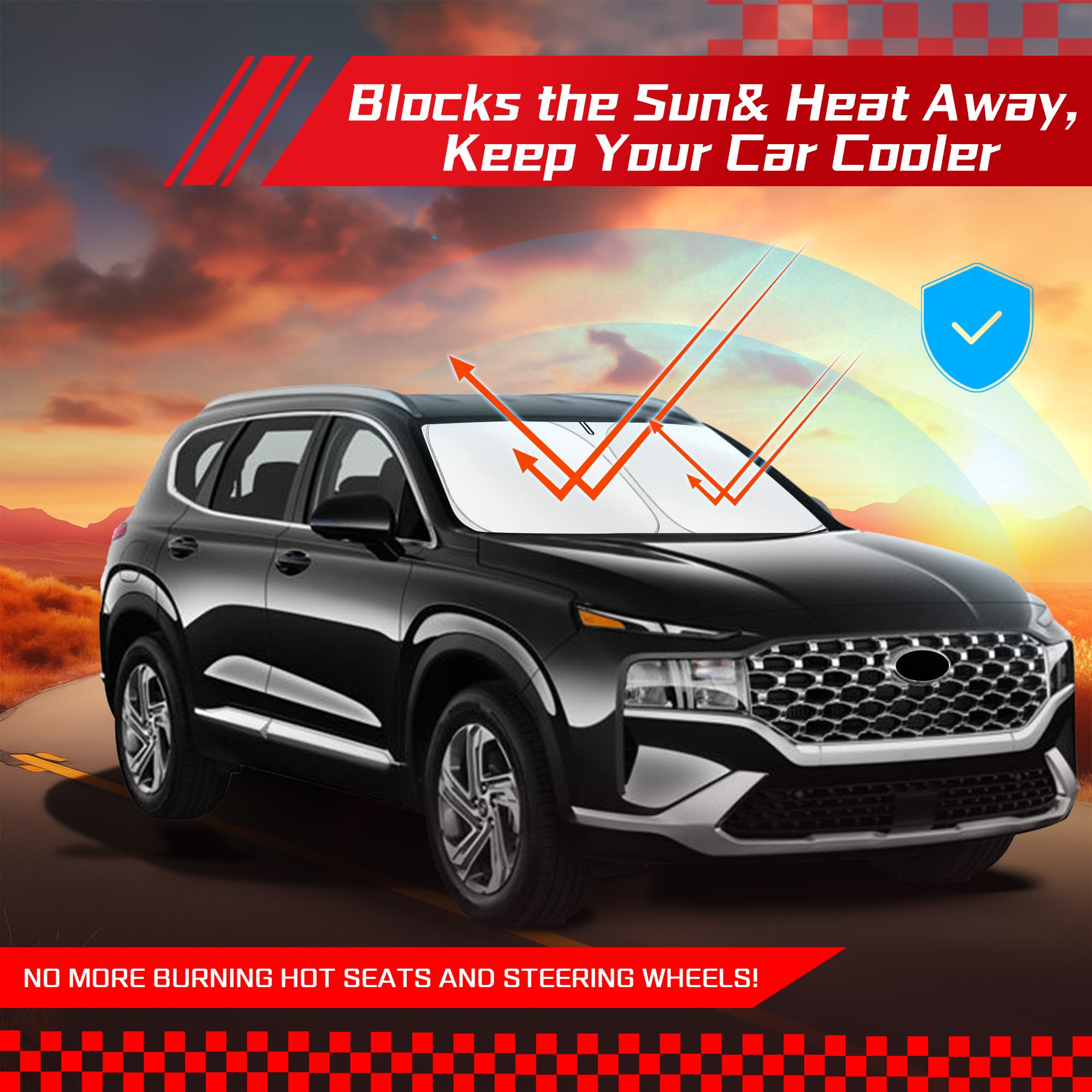 ARISMOTOR sunshade inside parked Santa Fe in lot illustrating comfortable cooler cabin