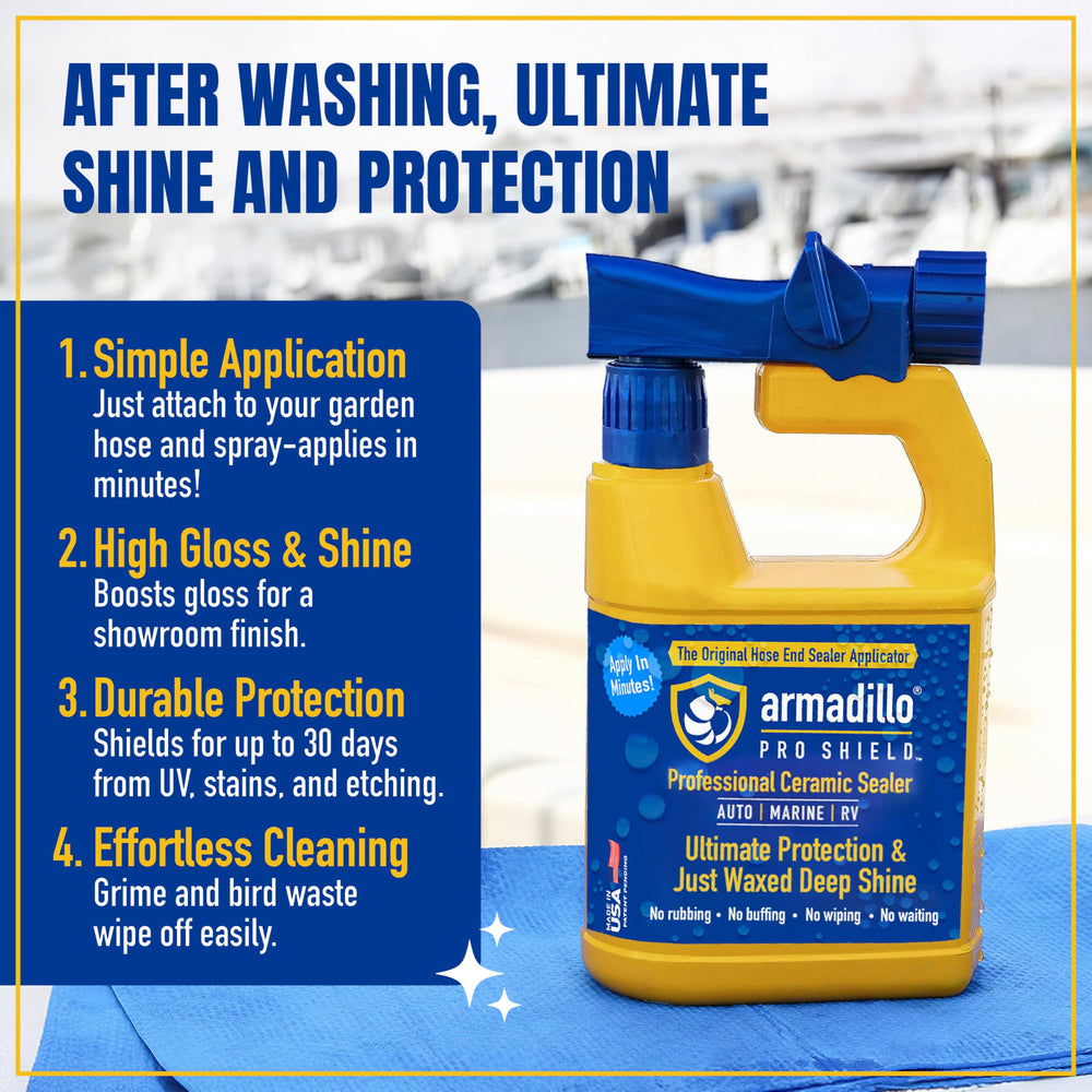Armadillo Pro Shield close-up on boat gelcoat highlighting UV protection benefit