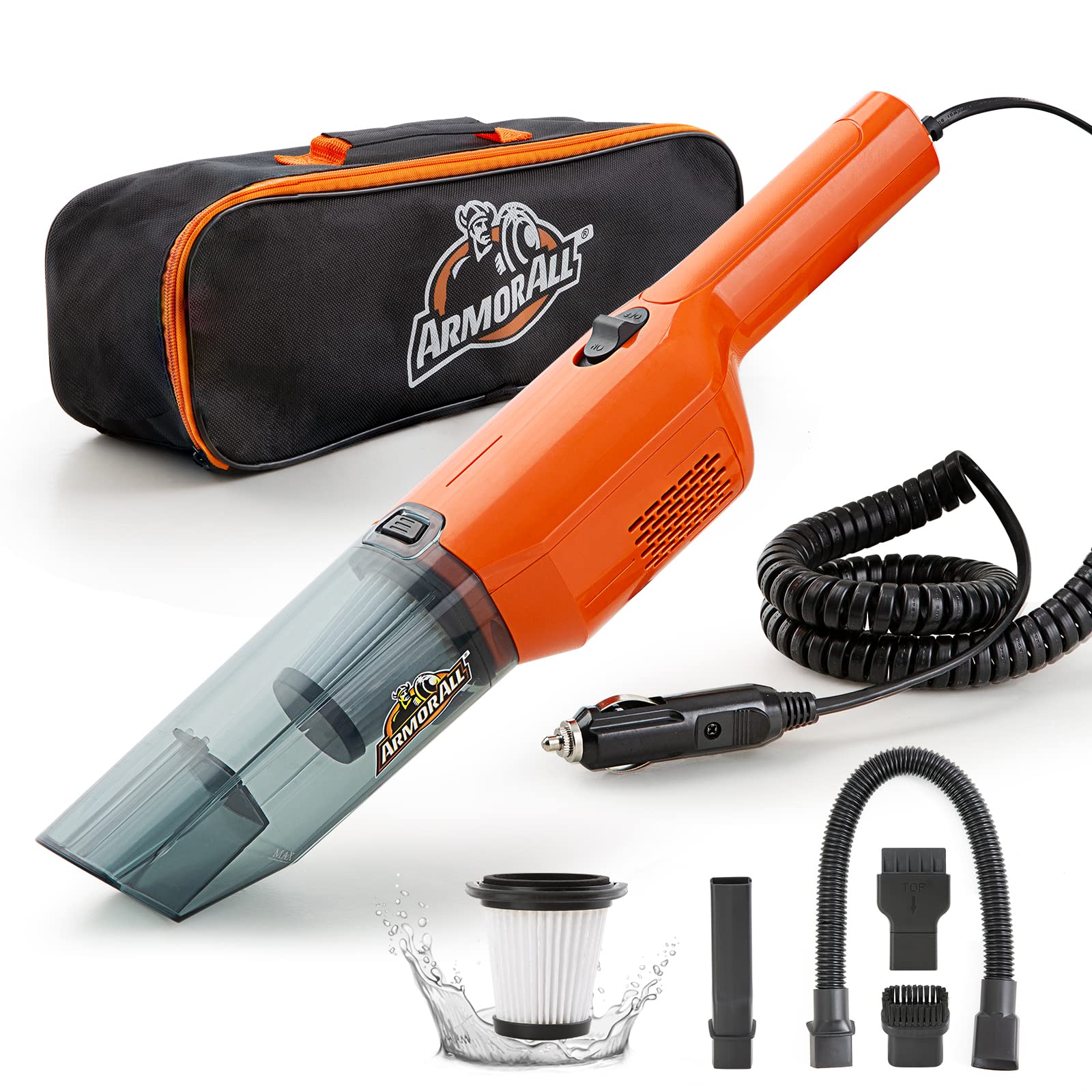 Armor All AA12V2 front view showing compact orange body and handle for easy storage