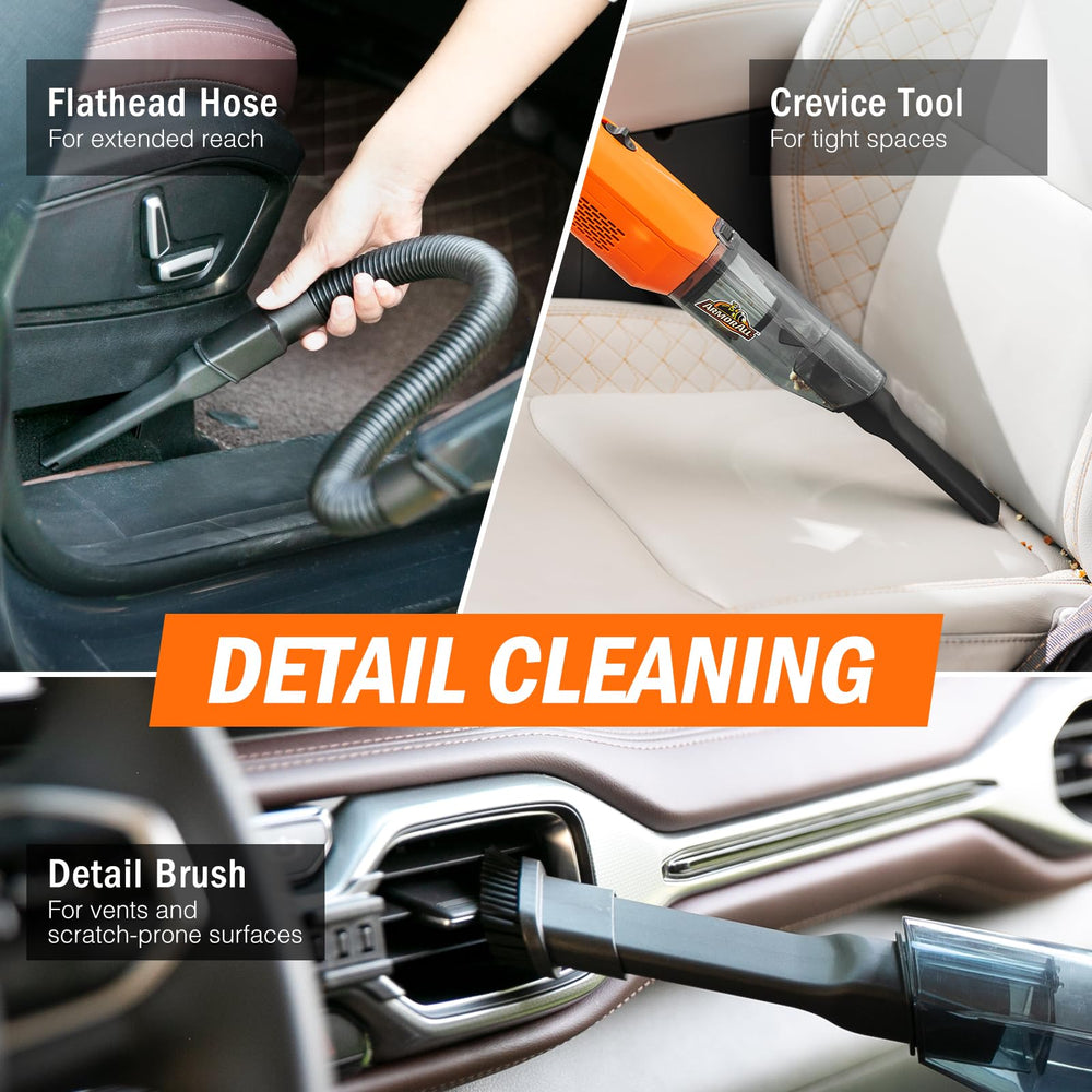 Armor All in use between car seats removing crumbs and hair for faster cleaning