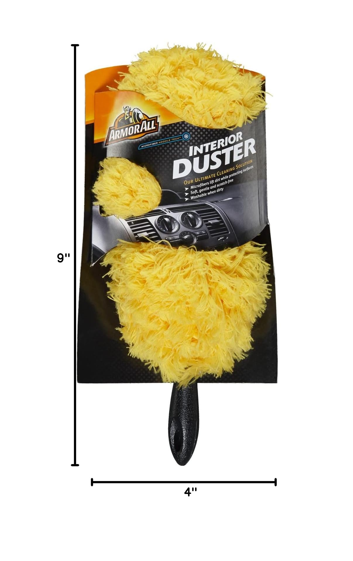 Armor All duster used in a car interior indicating fast, scratch-free touchups