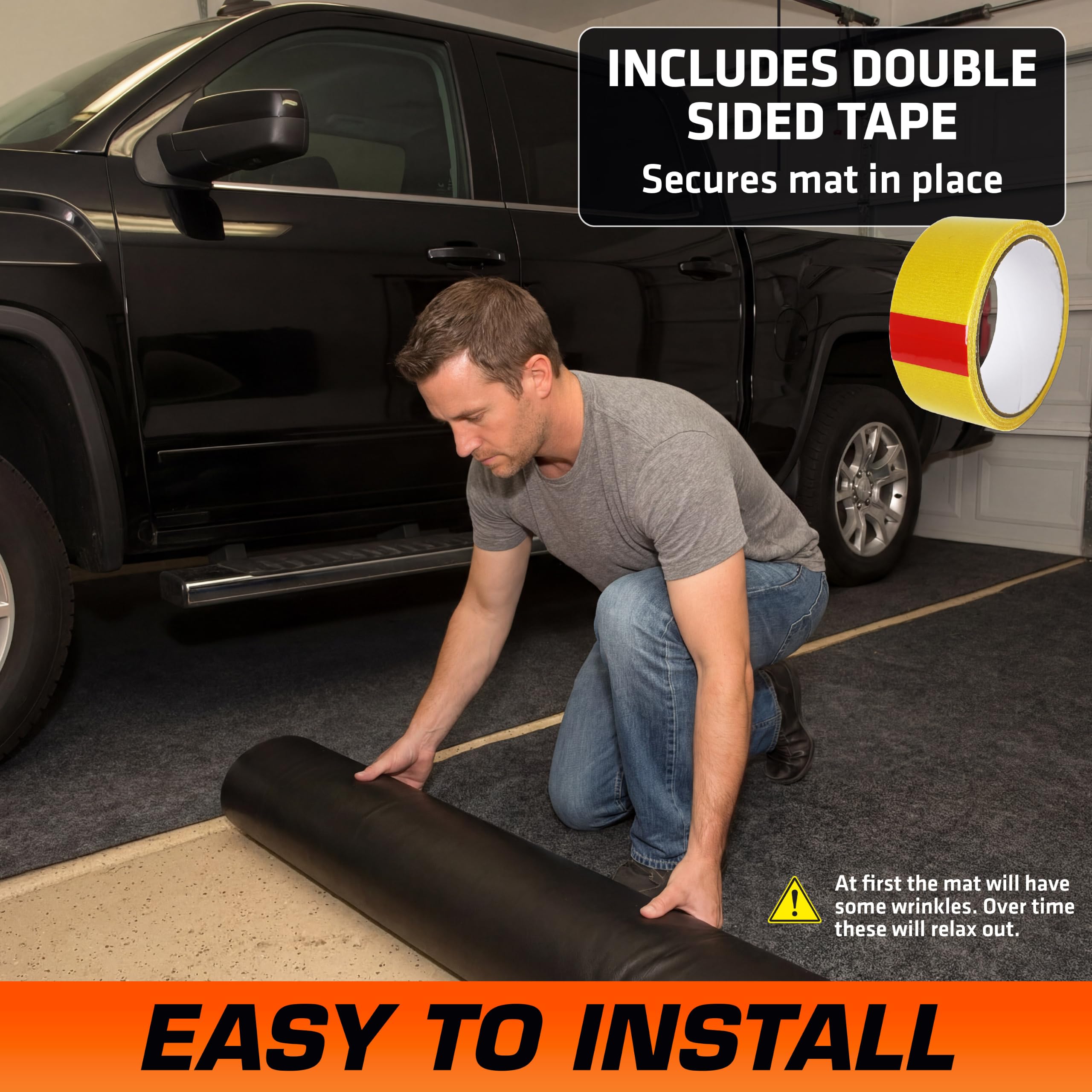 Armor All mat installed under a car creating showroom-quality garage flooring