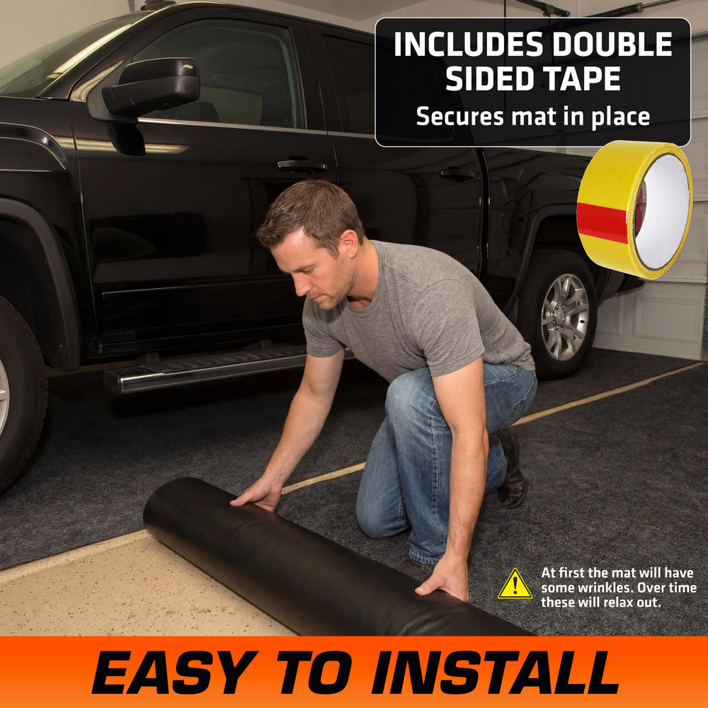 Armor All mat installed under a car creating showroom-quality garage flooring