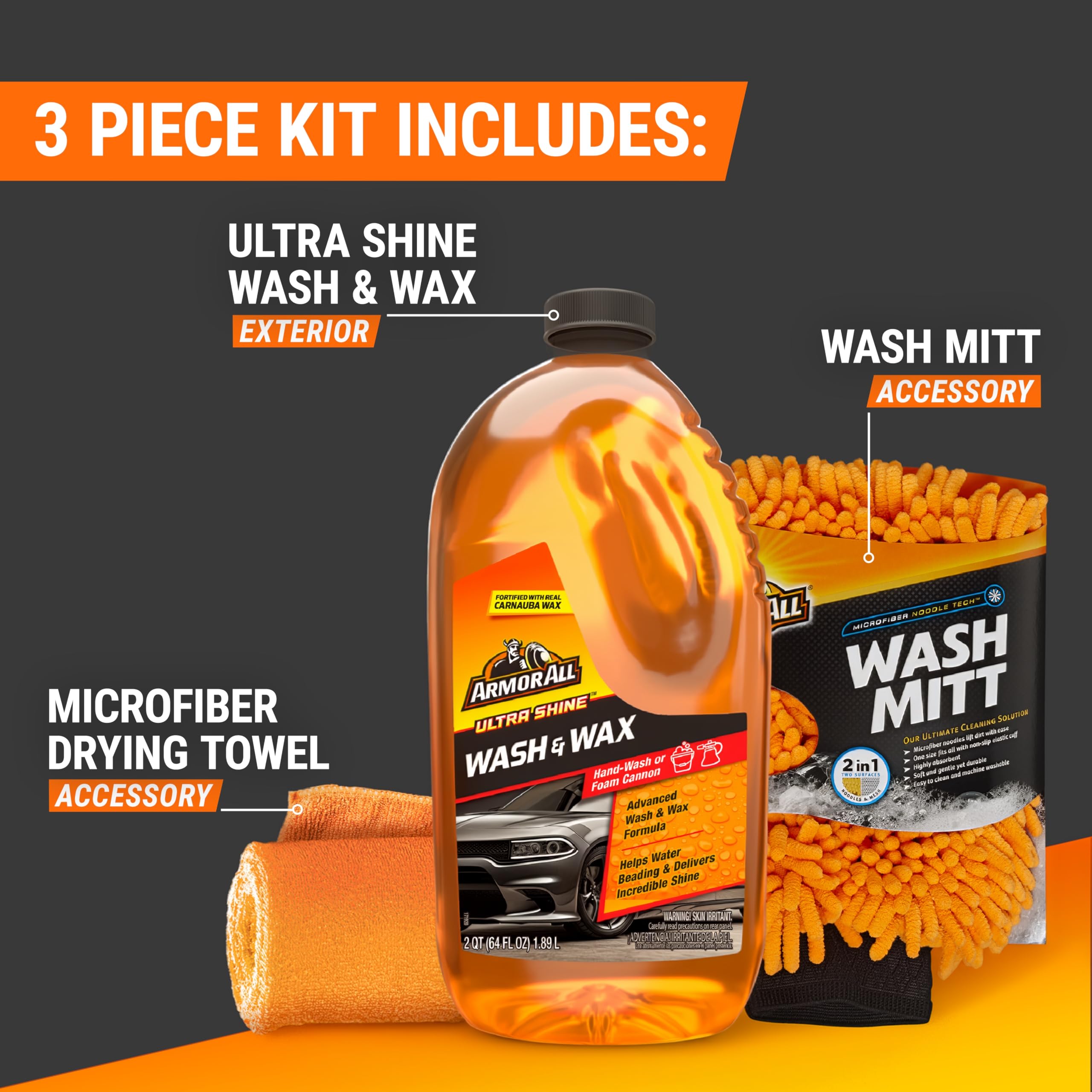 Armor All bottle pouring wash-and-wax soap, demonstrating easy dilution and gloss