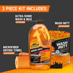 Armor All bottle pouring wash-and-wax soap, demonstrating easy dilution and gloss