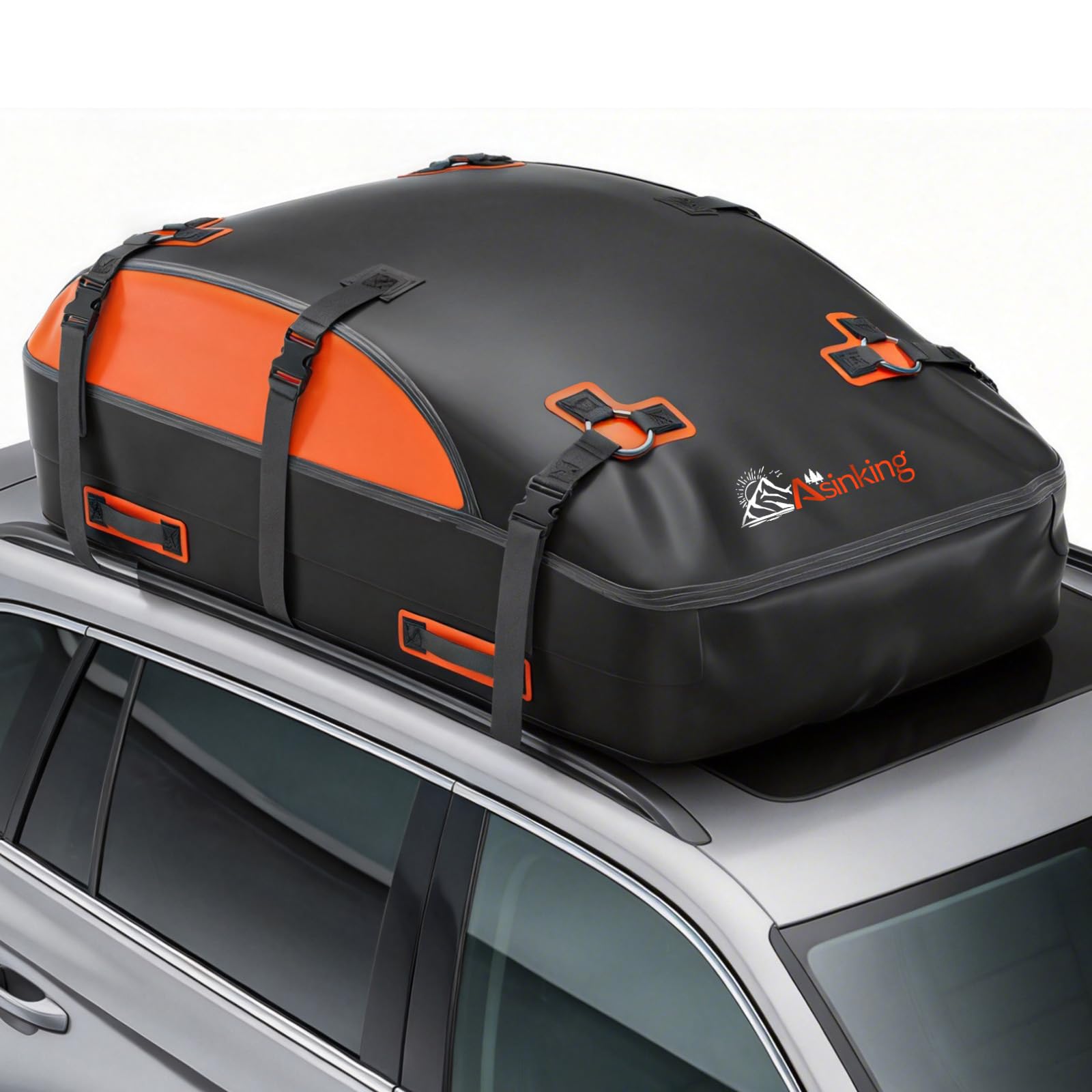 Asinking front view of rooftop bag showing aerodynamic shape and waterproof finish