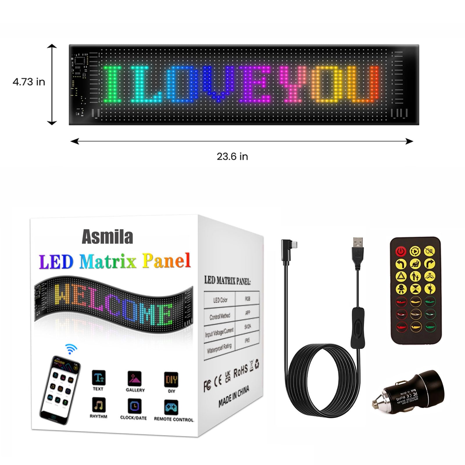 Asmila remote and 14.7 ft USB cable laid out, indicates flexible power options