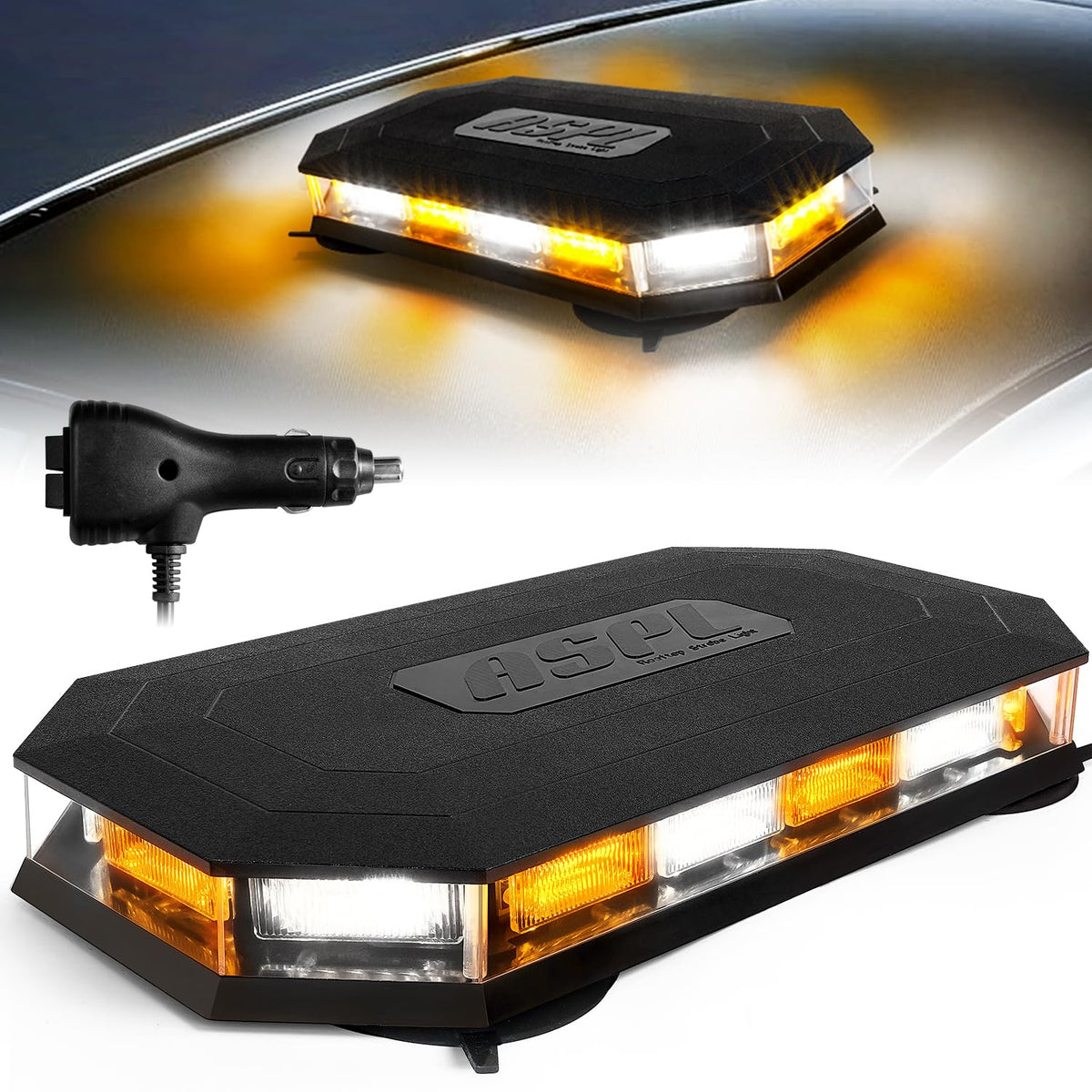 ASPL front view of strobe bar shows bright amber white LEDs for high visibility