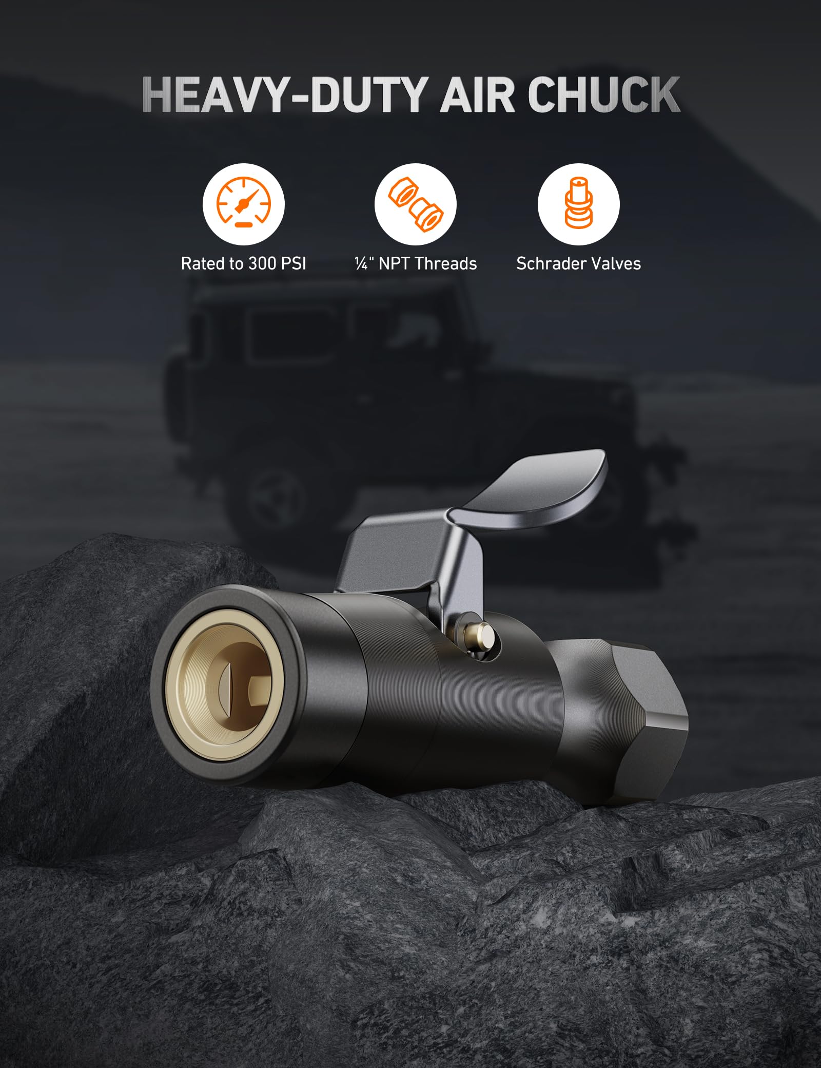 AstroAI closeup of double jaws clamping Schrader valve delivering steady, slip-free grip