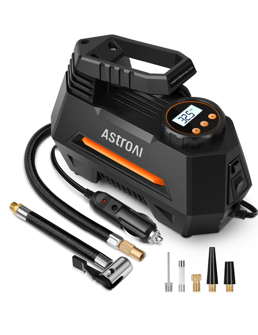 AstroAI AIRUN H front view showing compact orange casing and hose for easy storage