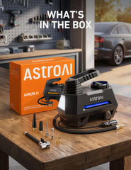 AstroAI AIRUN H plugged into car 12V outlet inflating a tire quickly