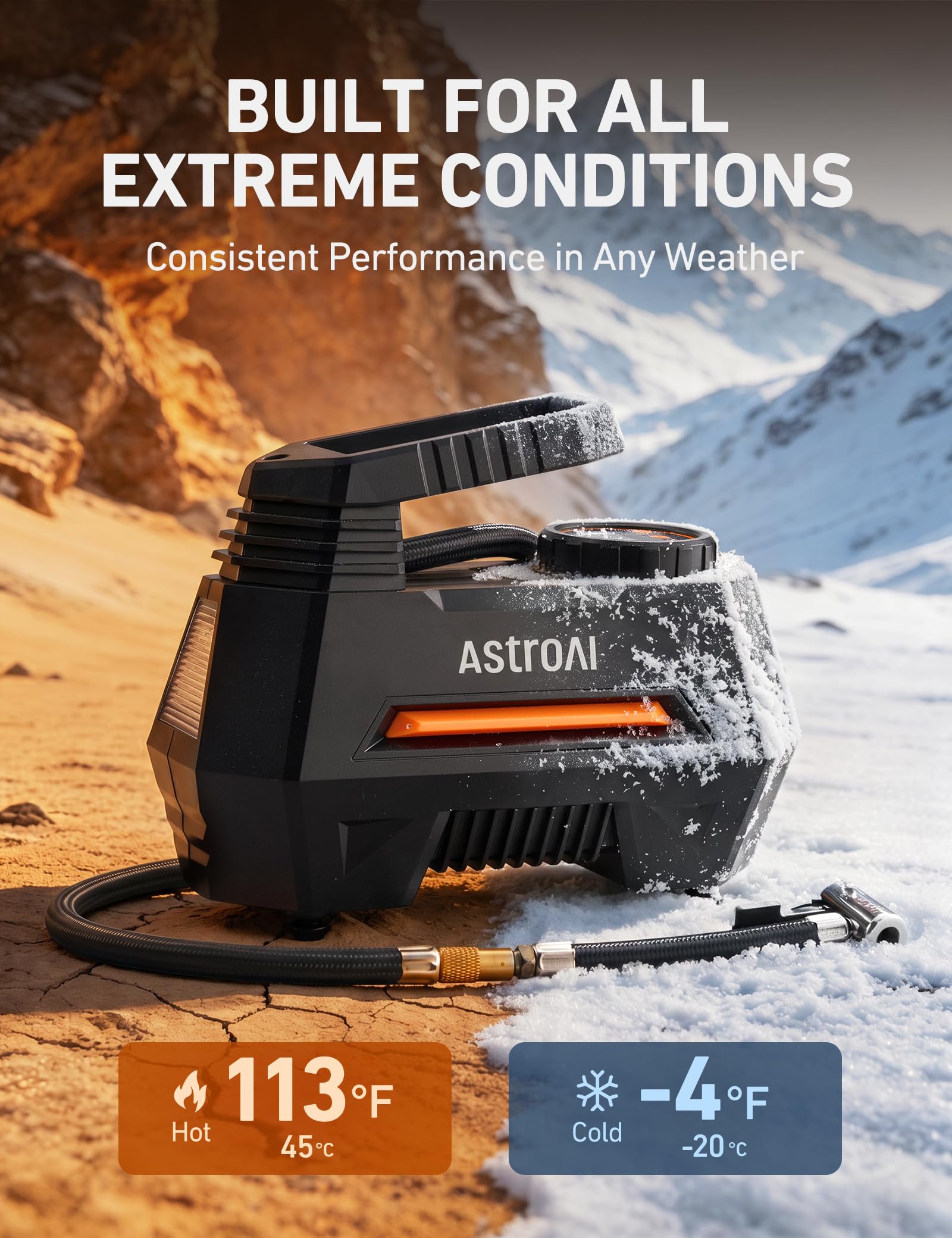 AstroAI AIRUN H inflating car tire showing quick inflation and convenient placement