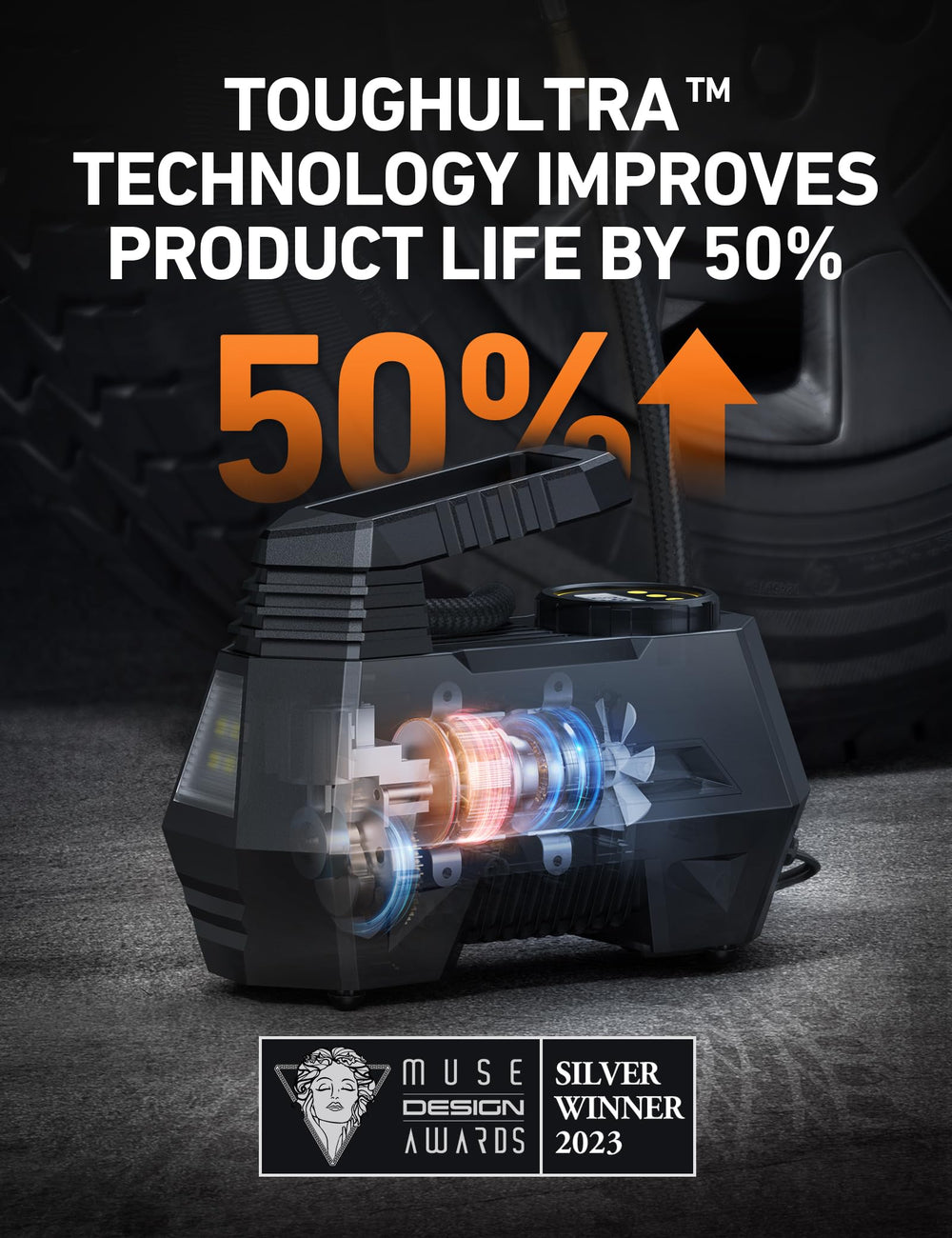AstroAI AIRUN H LED light in use illuminating roadside tire inflation for safer night work