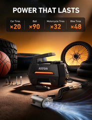 AstroAI AIRUN H nozzles and adapters layout showing kit versatility for tires and sports balls