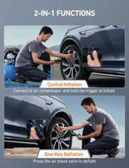 AstroAI attaching chuck to car tire valve for fast inflating on the go