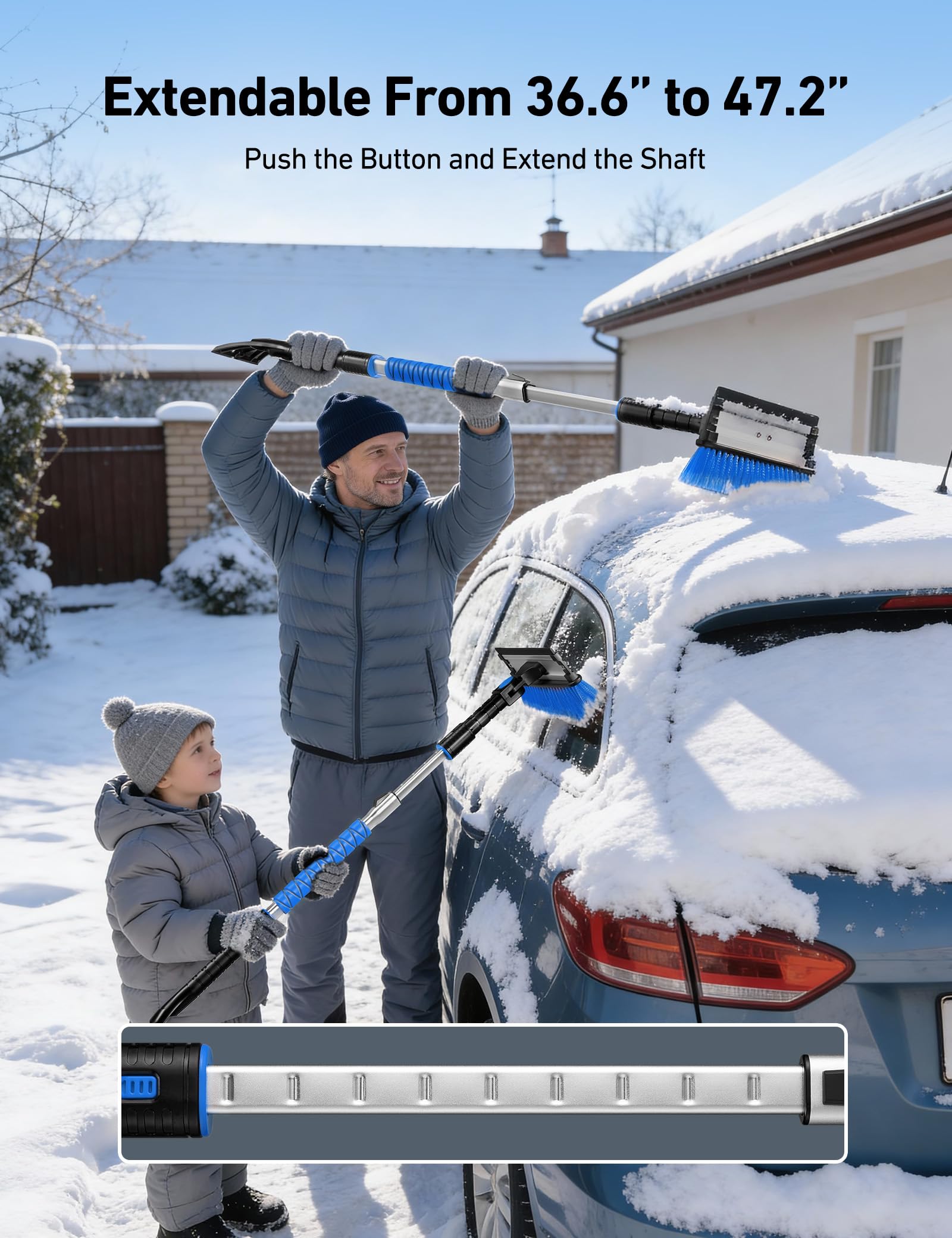 AstroAI close-up of soft bristles sweeping snow with effective coverage