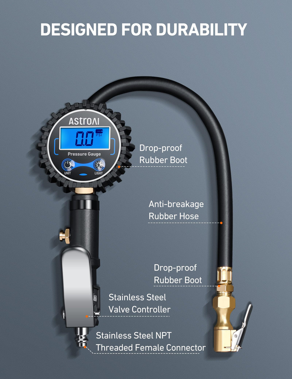 AstroAI connected to 1/4" NPT compressor highlighting workshop compatibility