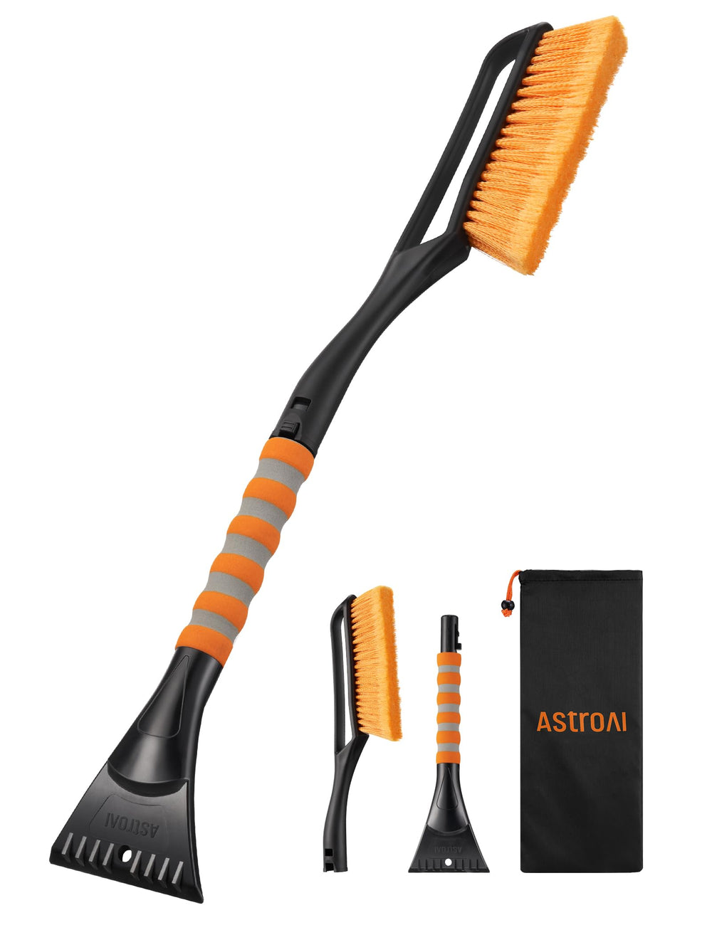 AstroAI front view showing brush and scraper, quick snow clearance benefit