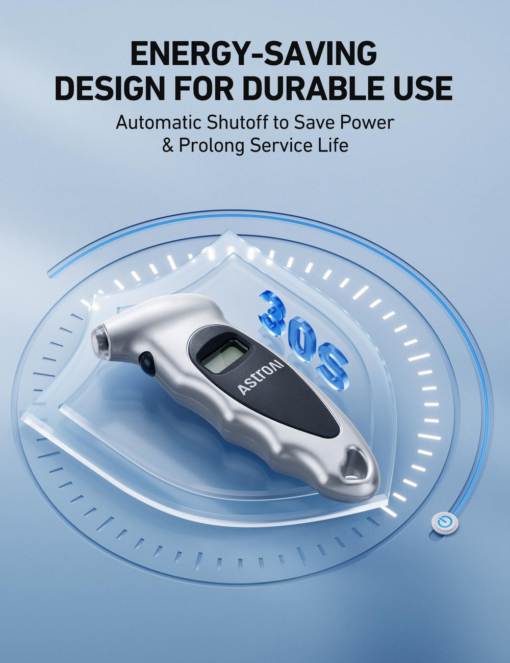 AstroAI gauge attached to car tire valve demonstrating quick use