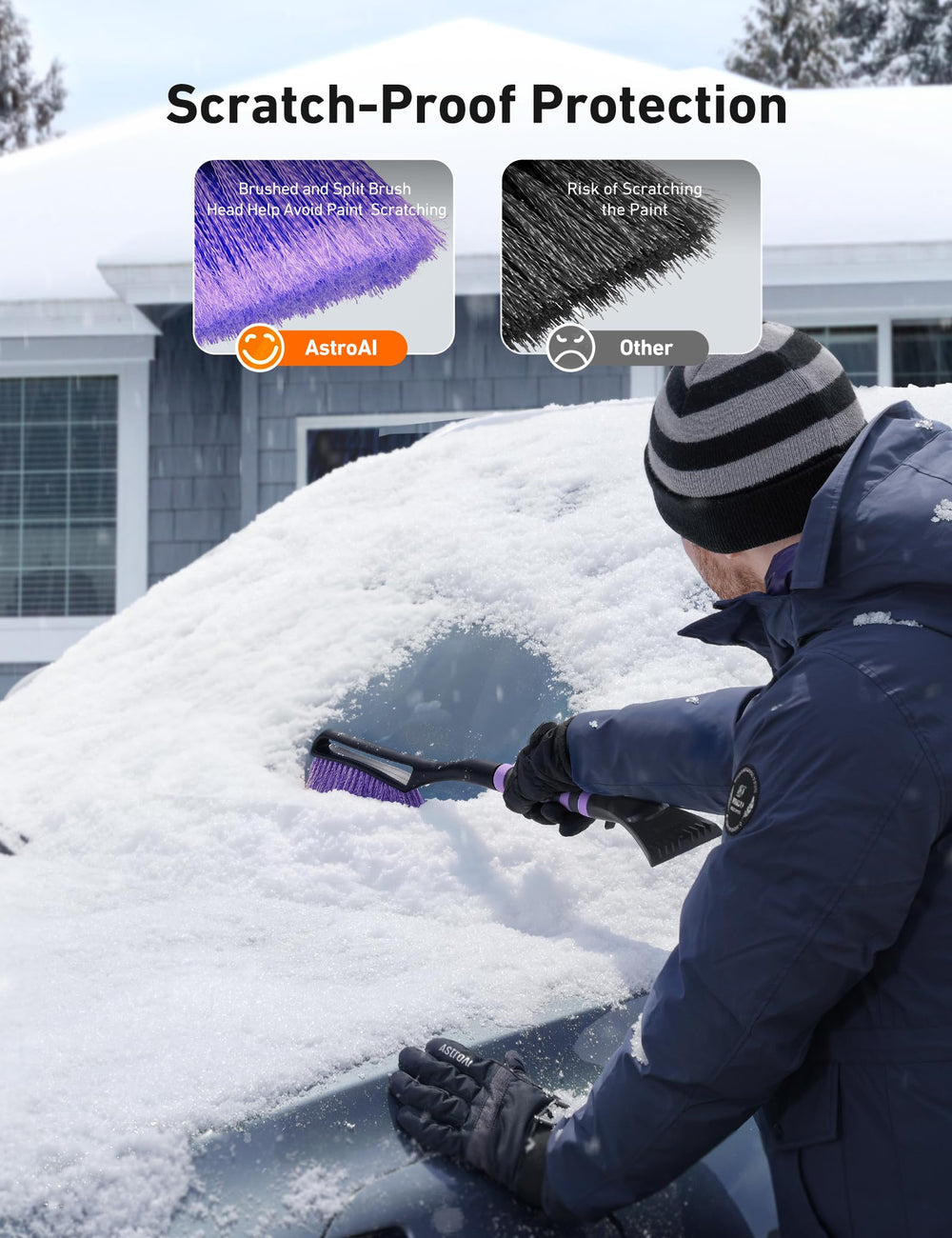 AstroAI rigid ice scraper edge breaking ice for clear visibility