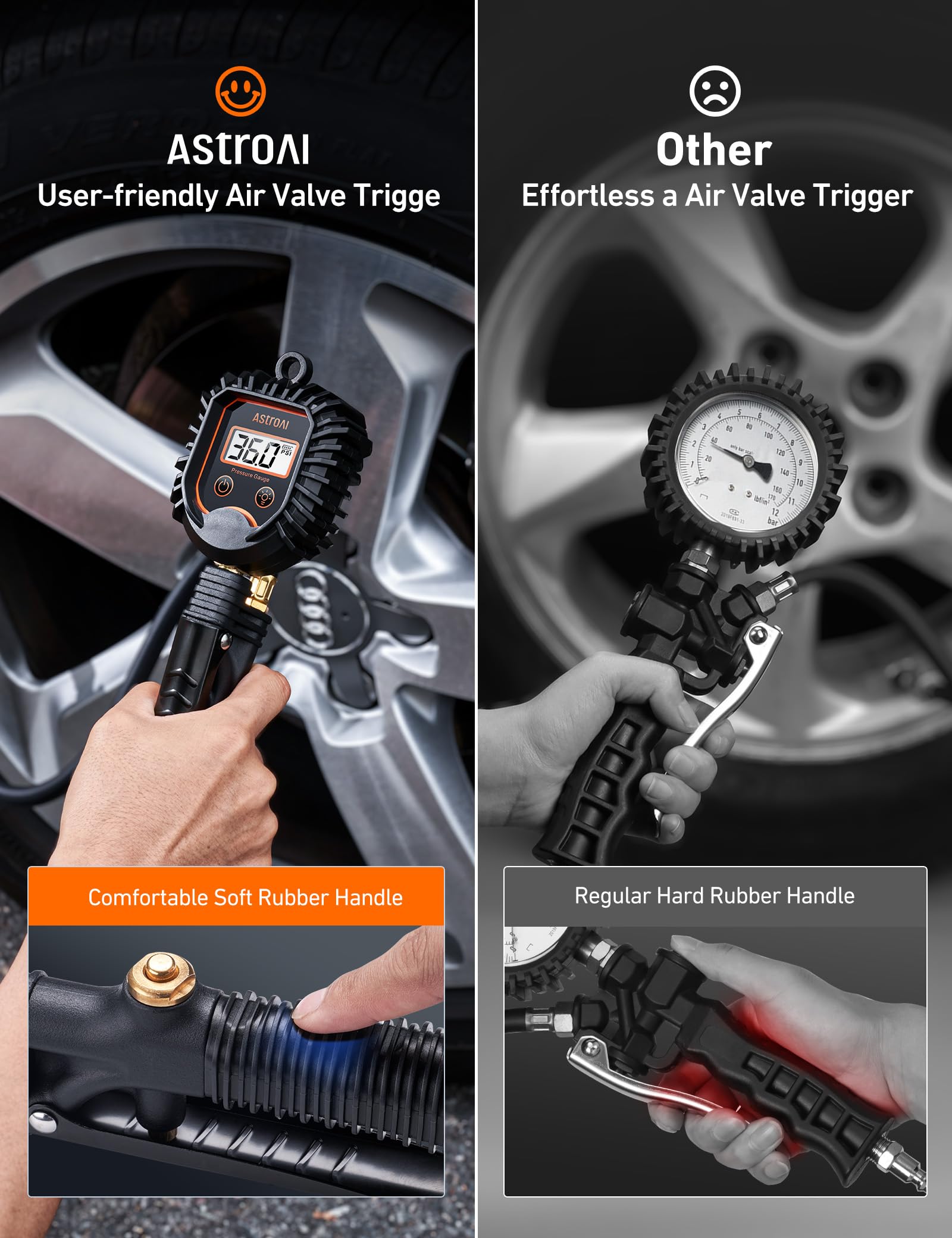 AstroAI inflator attached to car tire demonstrating fast, accurate inflation