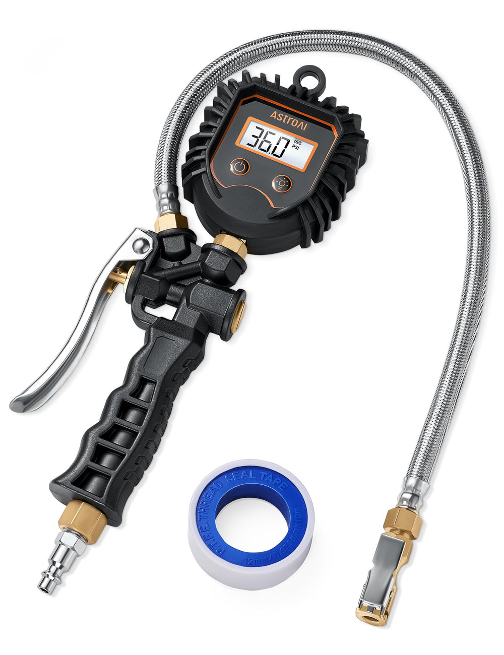 AstroAI front view showing gauge and quick connect for reliable shop use