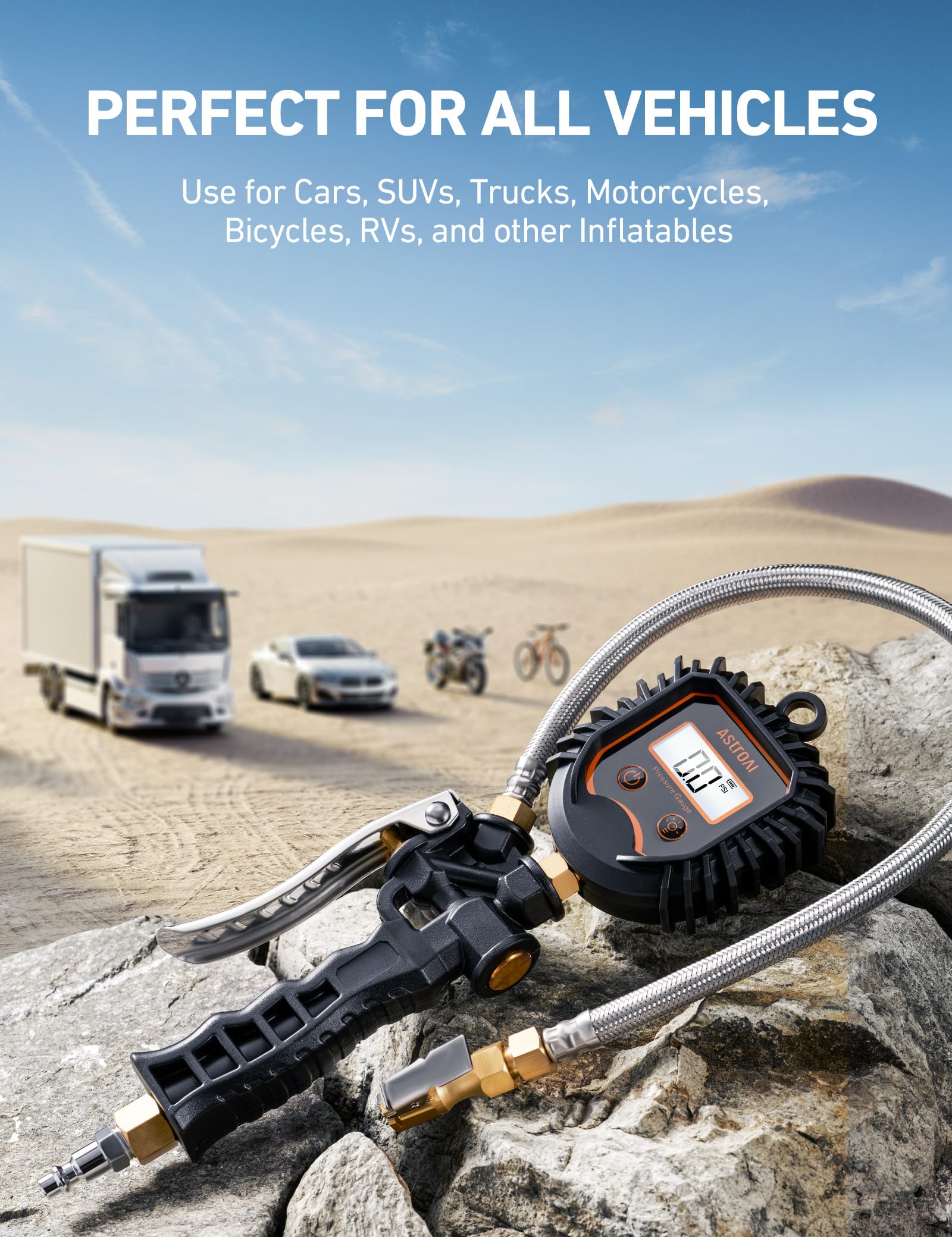 AstroAI LED light illuminating valve stem to locate and inflate at night