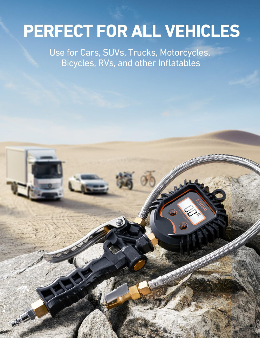 AstroAI LED light illuminating valve stem to locate and inflate at night