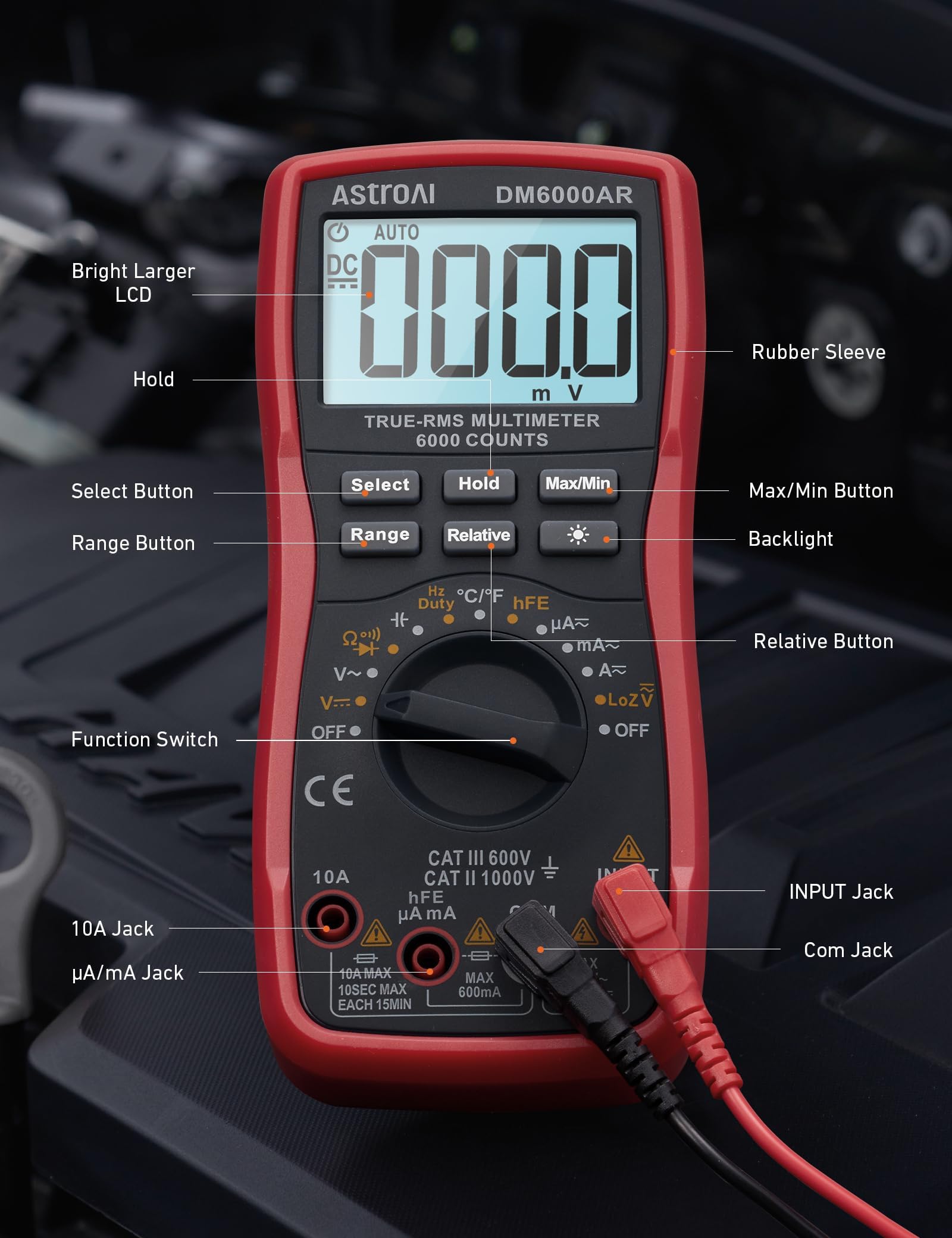 AstroAI multimeter checking car battery demonstrating automotive troubleshooting