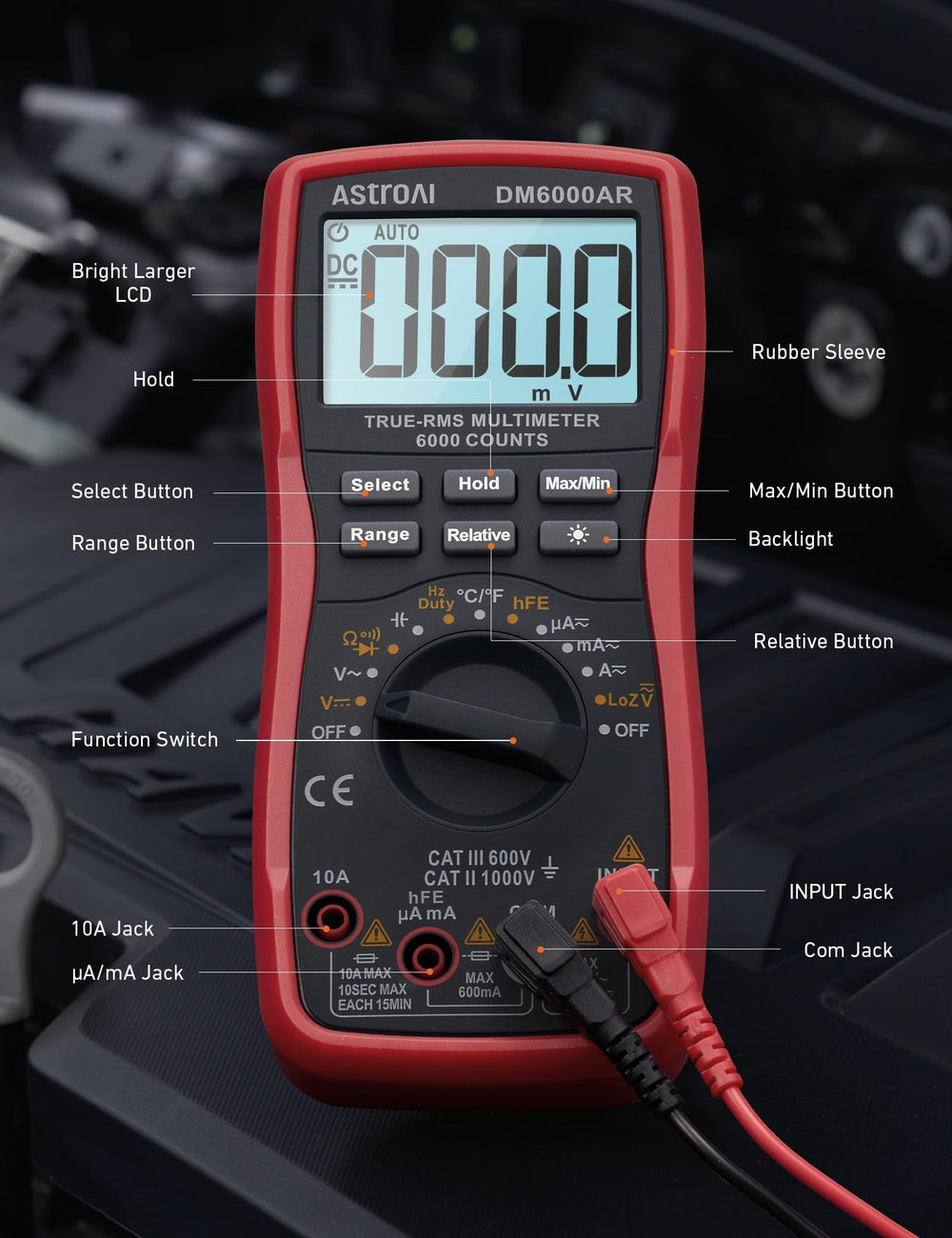 AstroAI multimeter checking car battery demonstrating automotive troubleshooting