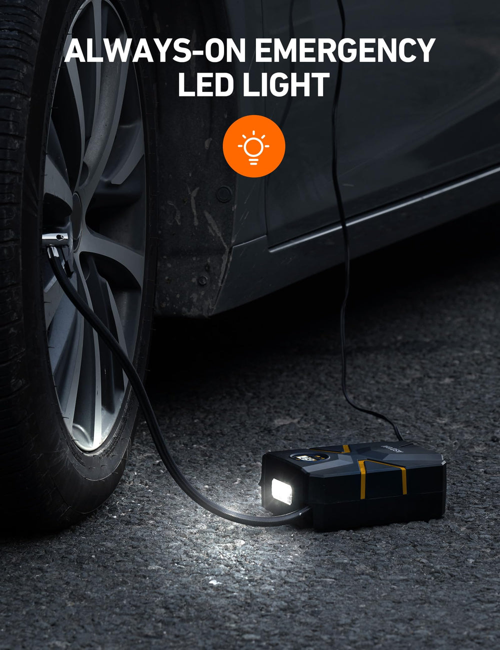 AstroAI S1 inflating a car tire demonstrating quick recovery and time savings