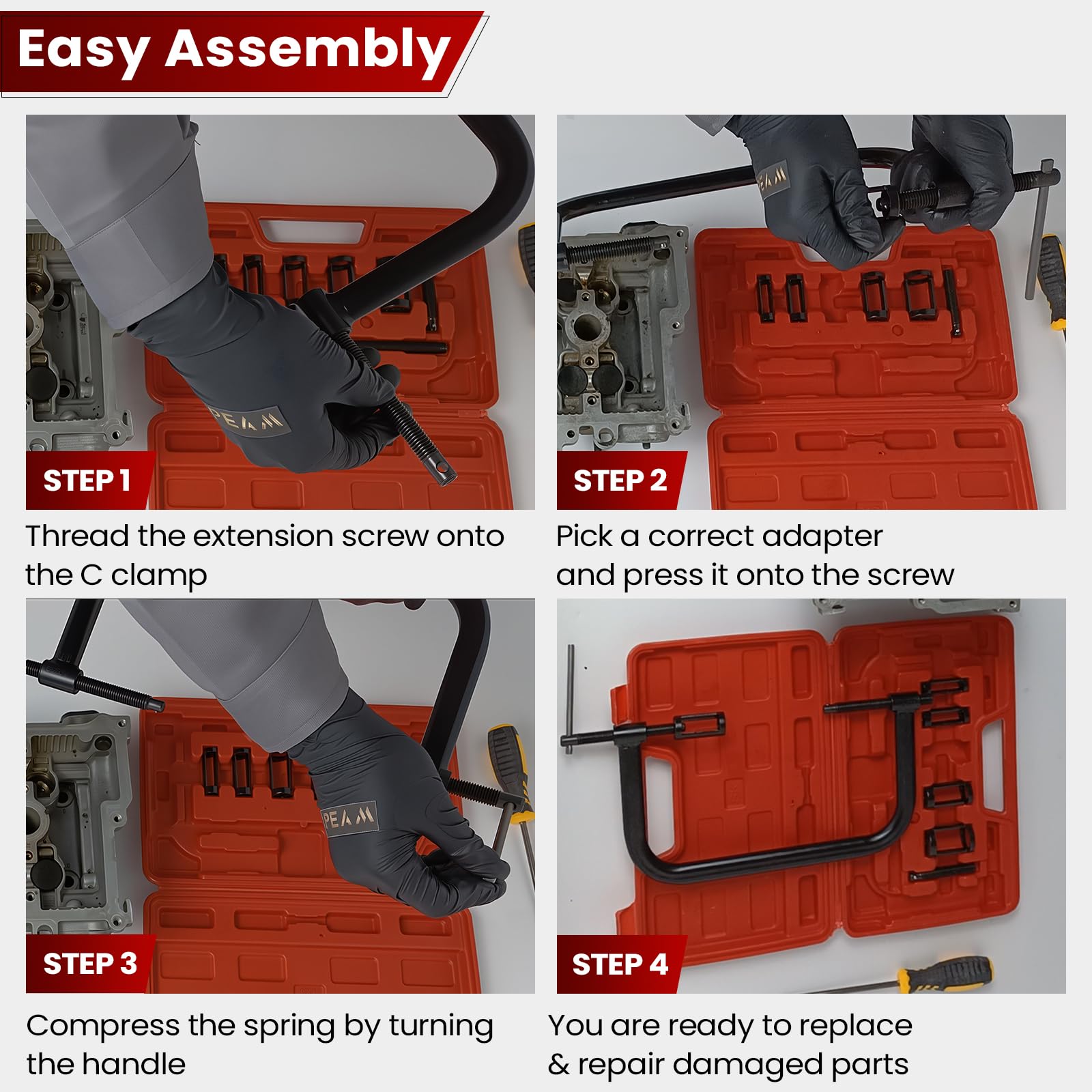 ATPEAM close-up of C-clamp jaw showing heat-treated steel and anti-slip alignment benefit