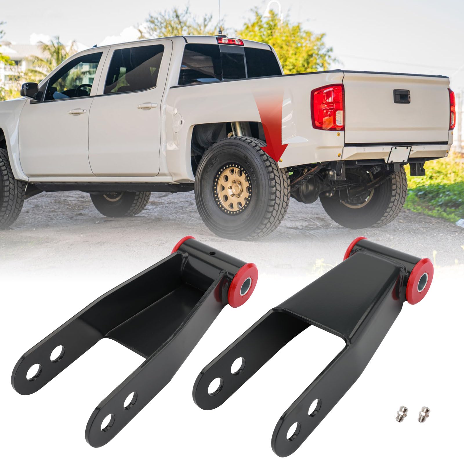 ATRACYPART front view of lowering shackles showing bolt-on fit and improved stance