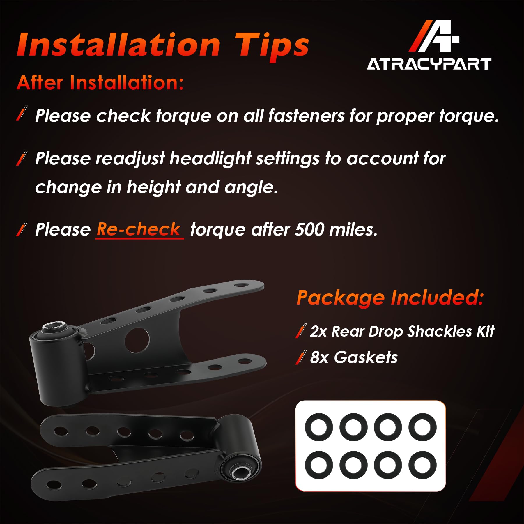 ATRACYPART shackle installed at rear axle demonstrating lowered stance benefit