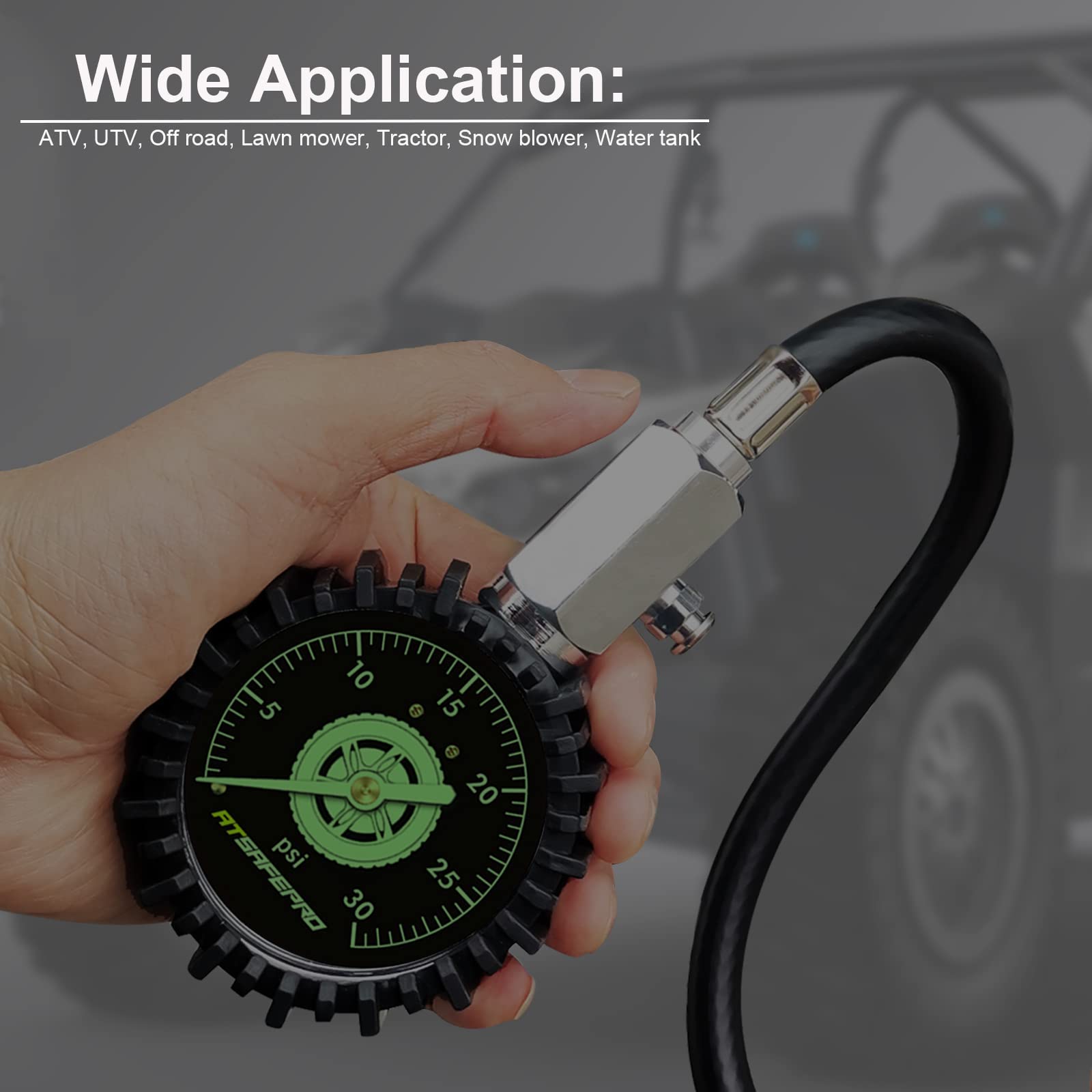 ATsafepro gauge in use on an ATV tire showing field-ready durability
