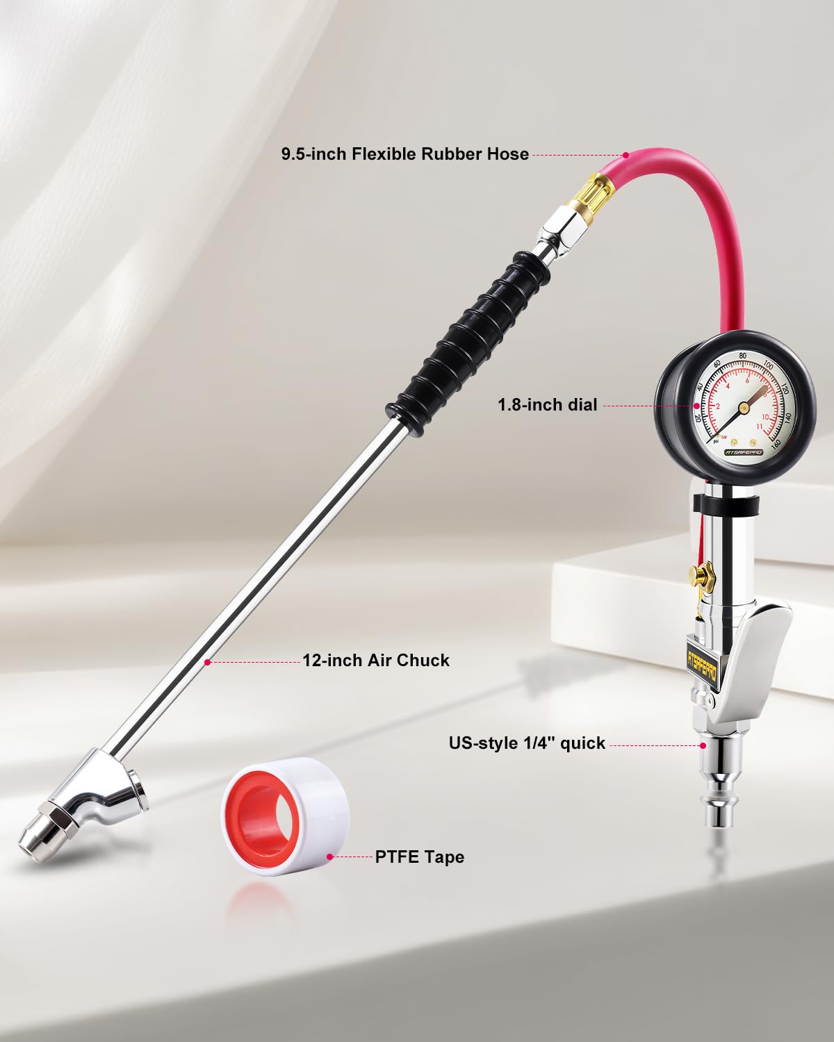 ATsafepro inflator next to ruler showing compact size and scale