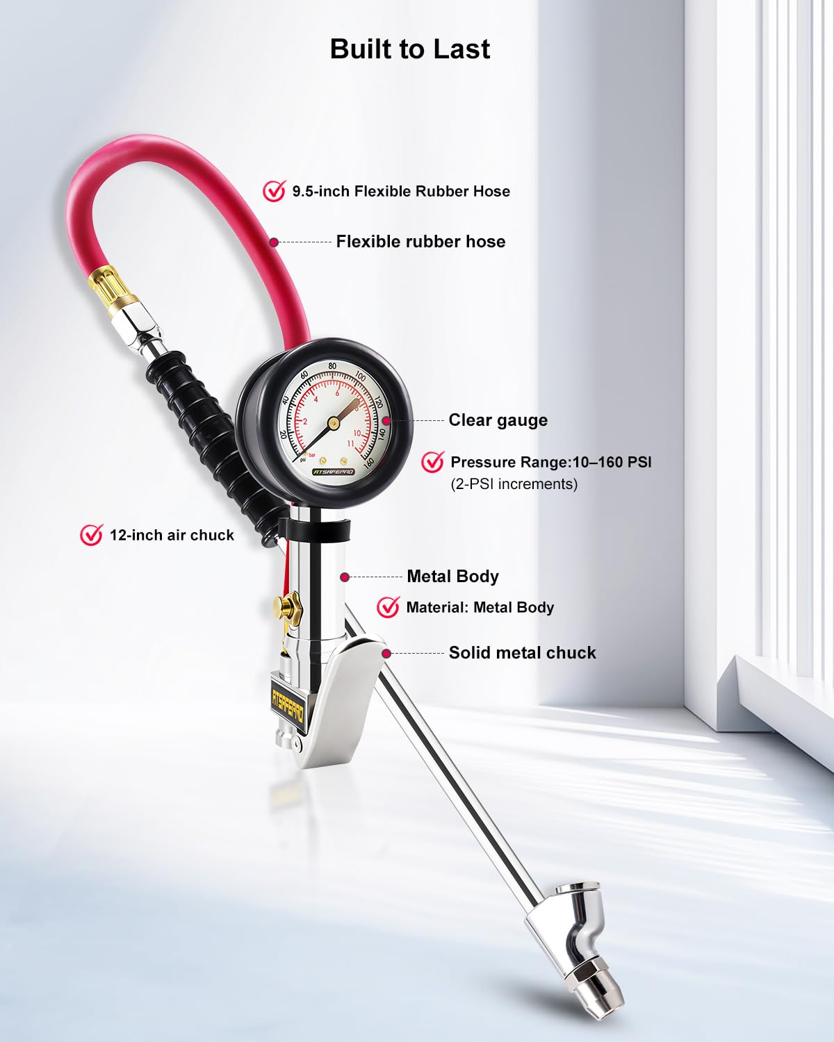 ATsafepro stainless steel chuck attached to a tire valve securely