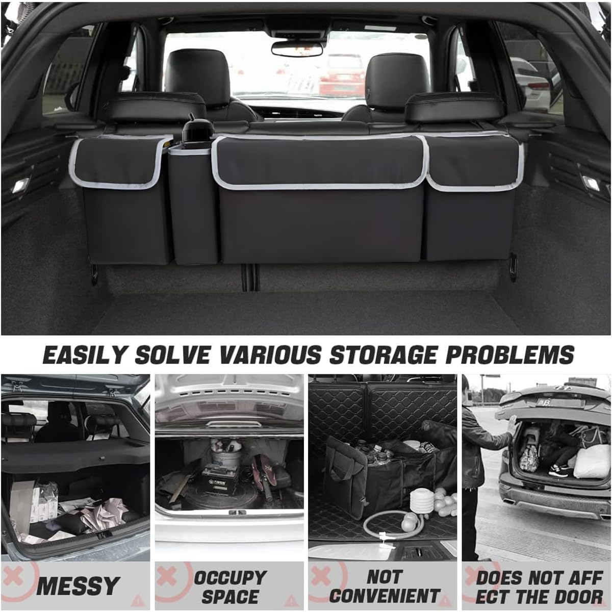 AUCELI hanging in car backseat demonstrating space-saving benefit