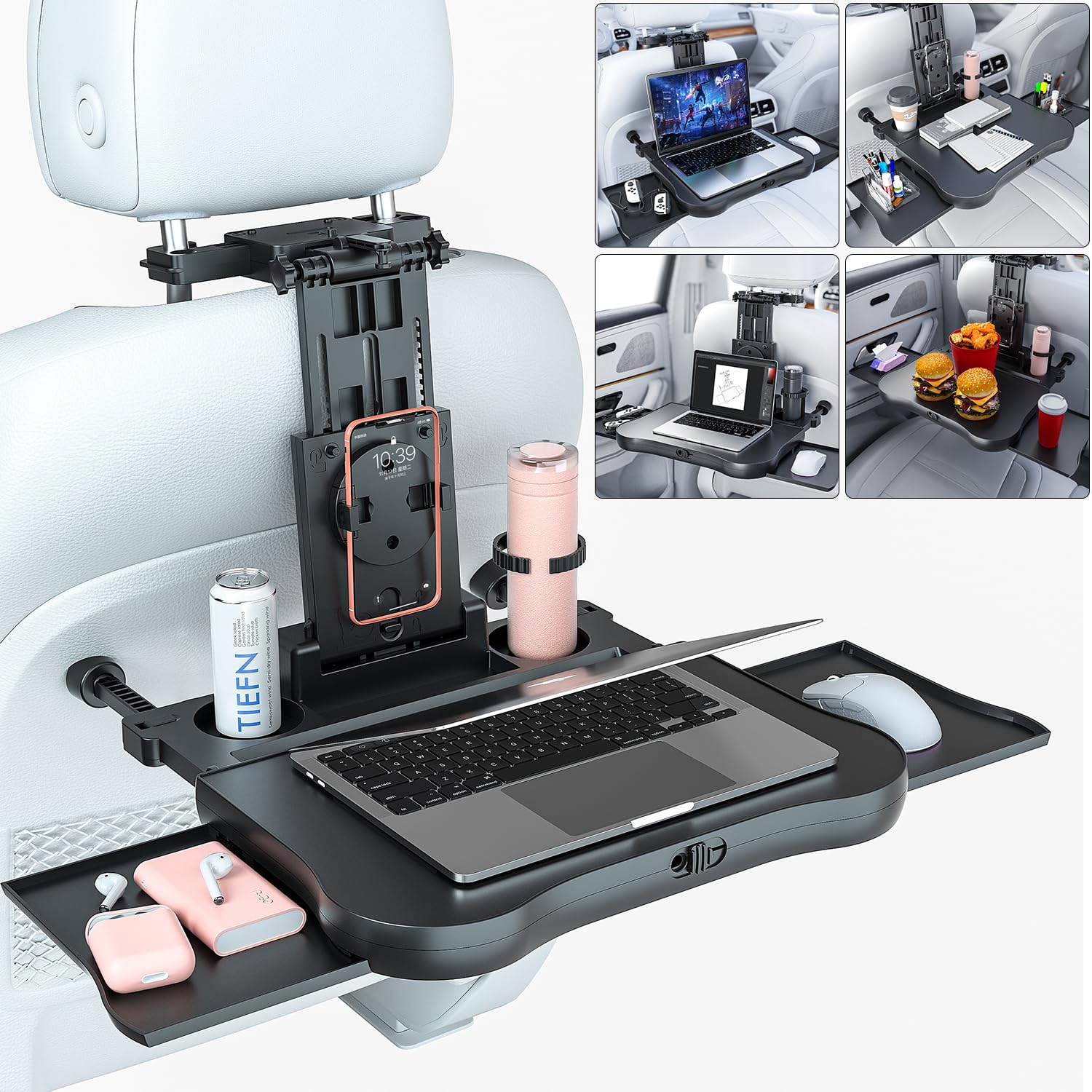 AUEOTUAR front view installed on headrest showing sturdy tray and convenience