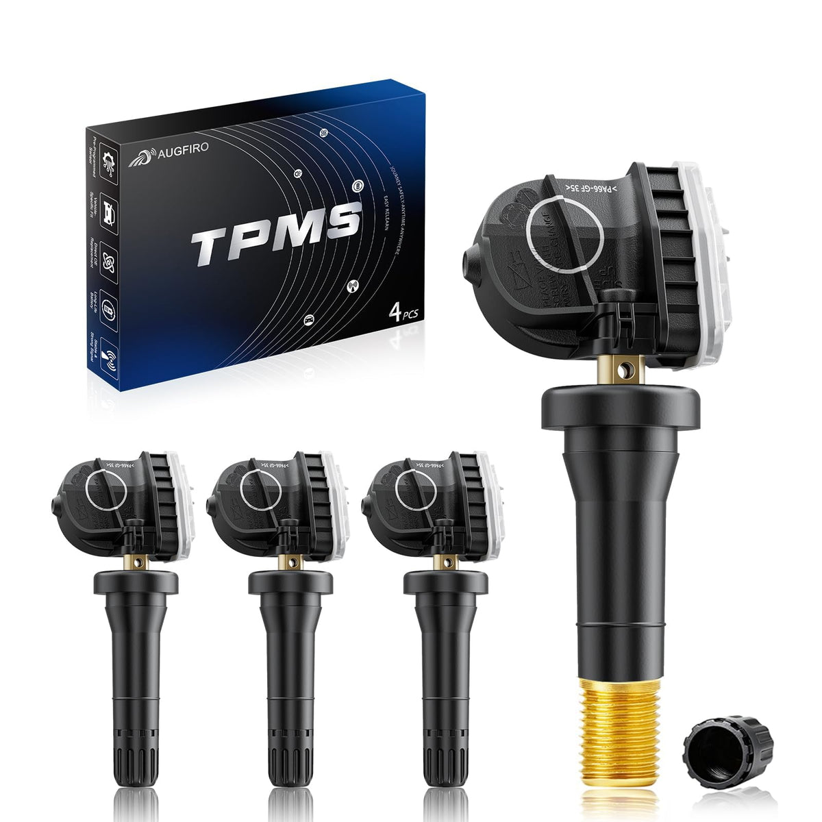 Augfiro front packaging showing four TPMS sensors and included parts, confident replacement