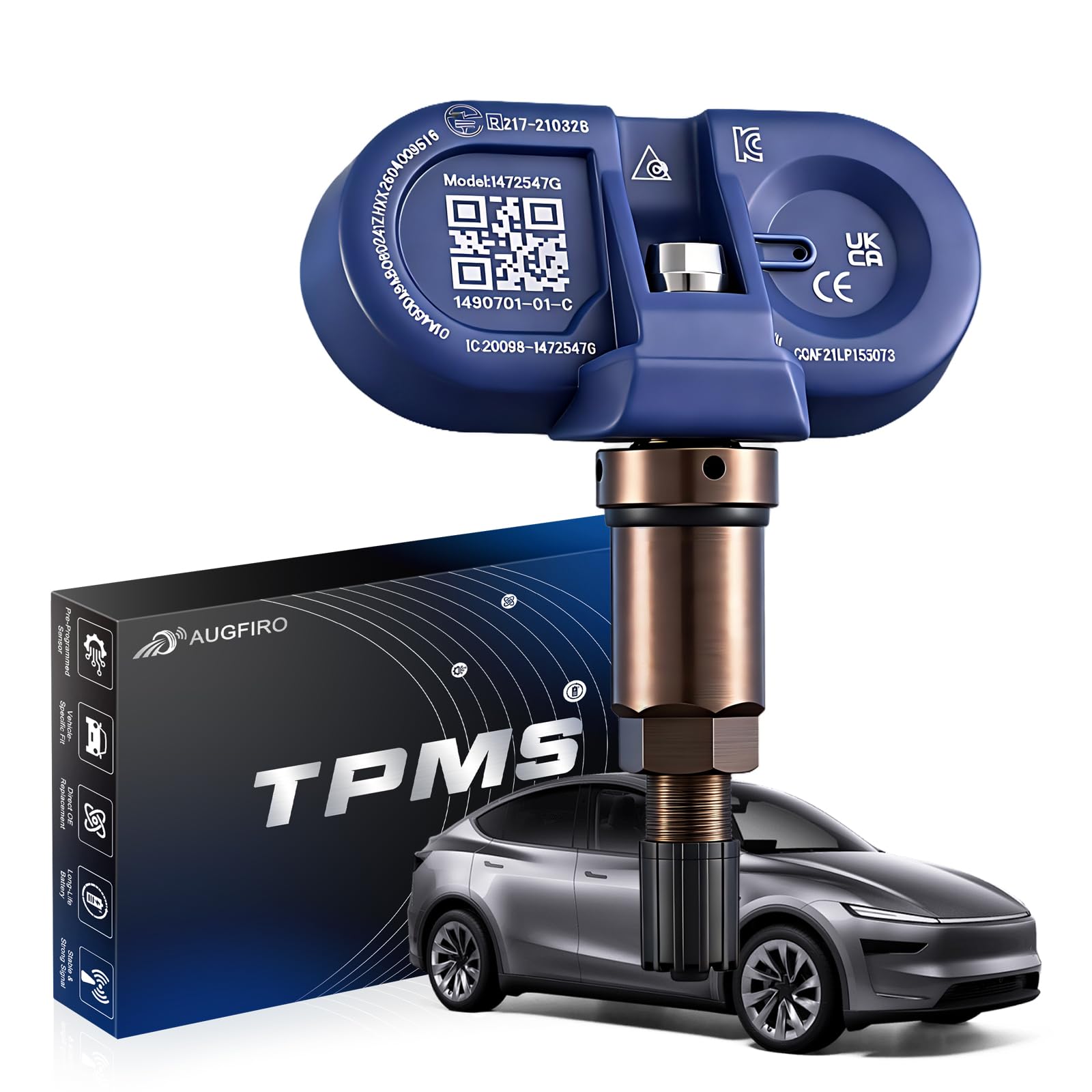Augfiro front view of BLE TPMS sensor showing compact OE design and fit