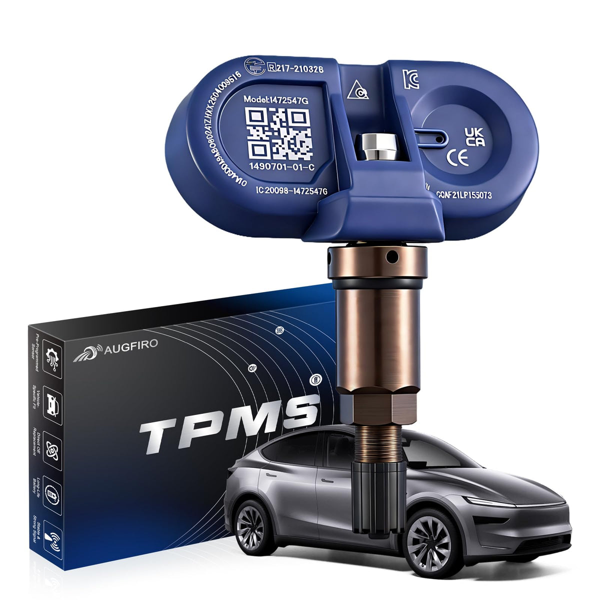 Augfiro front view of BLE TPMS sensor showing compact OE design and fit