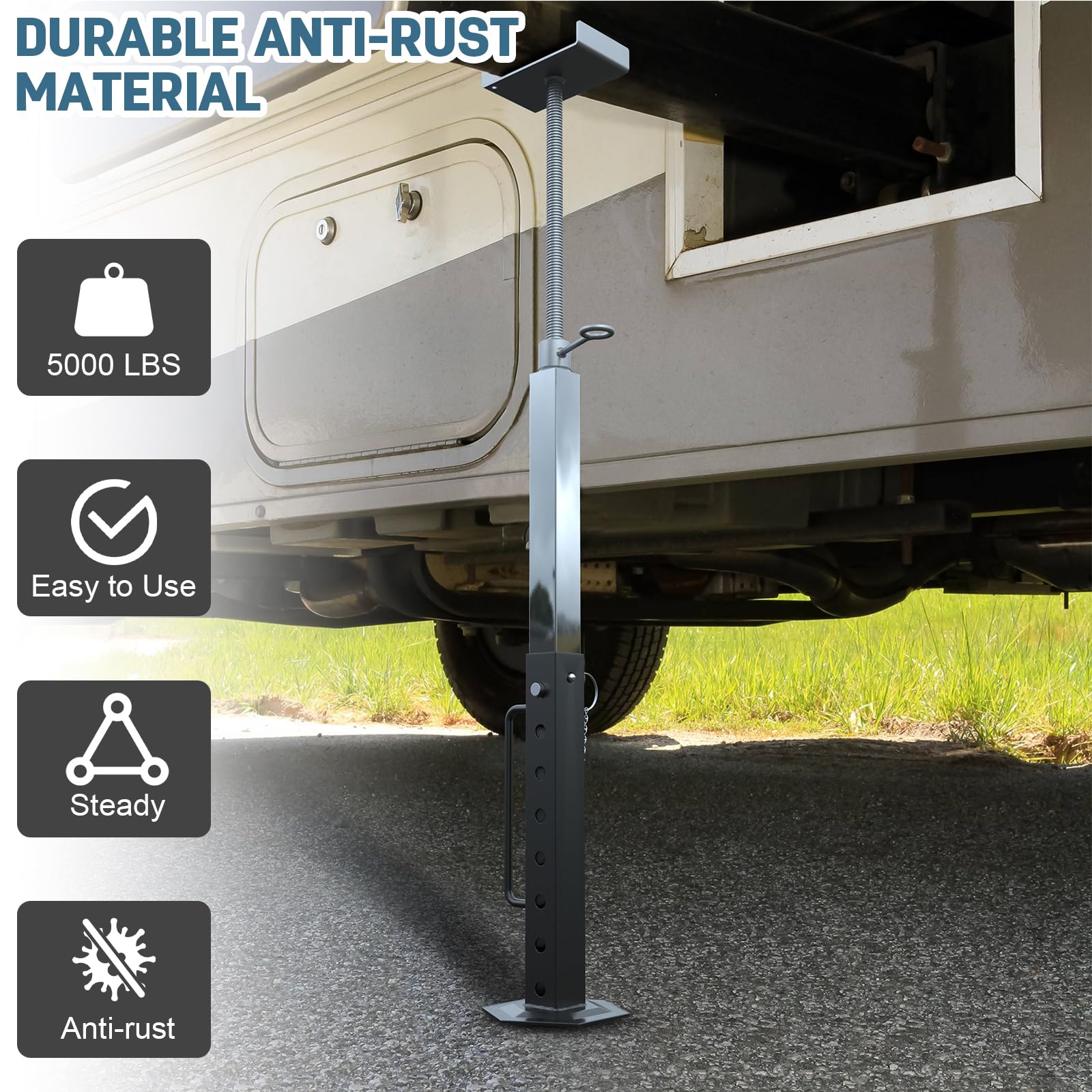 AUH jack next to a hand for scale showing compact adjustable range and space-saving benefit