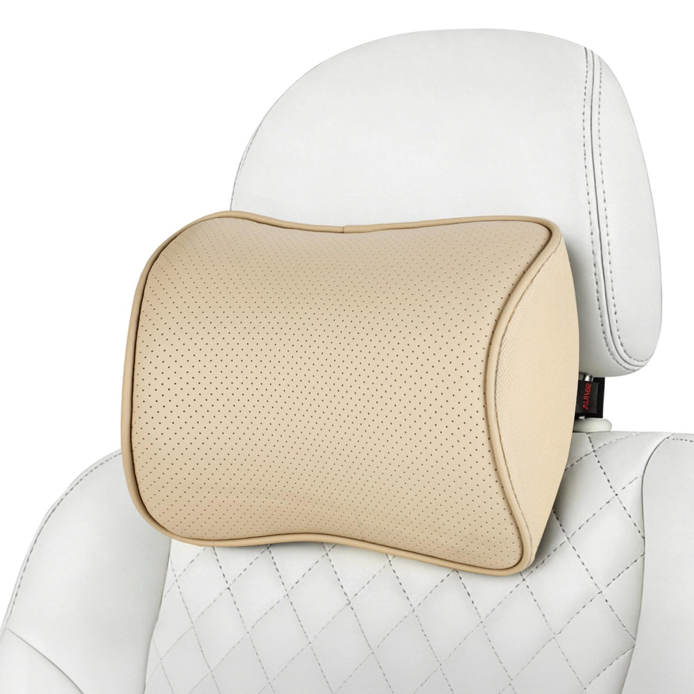 Aukee beige headrest pillow front view showing neat fit and style