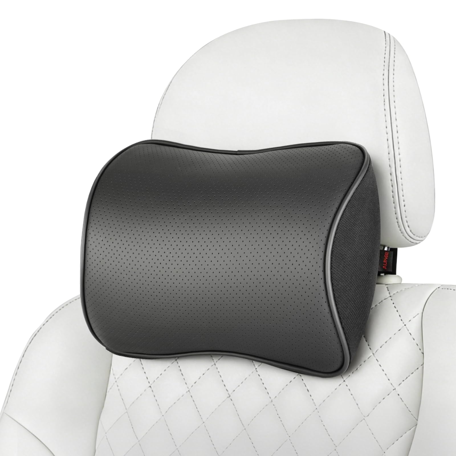 Aukee headrest front view showing shape and sleek black leather for comfortable support