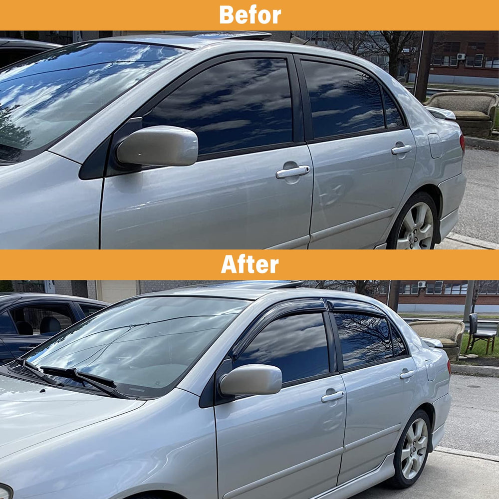 Aumivoron visors fitted on a Corolla in rain showing airflow and reduced interior moisture