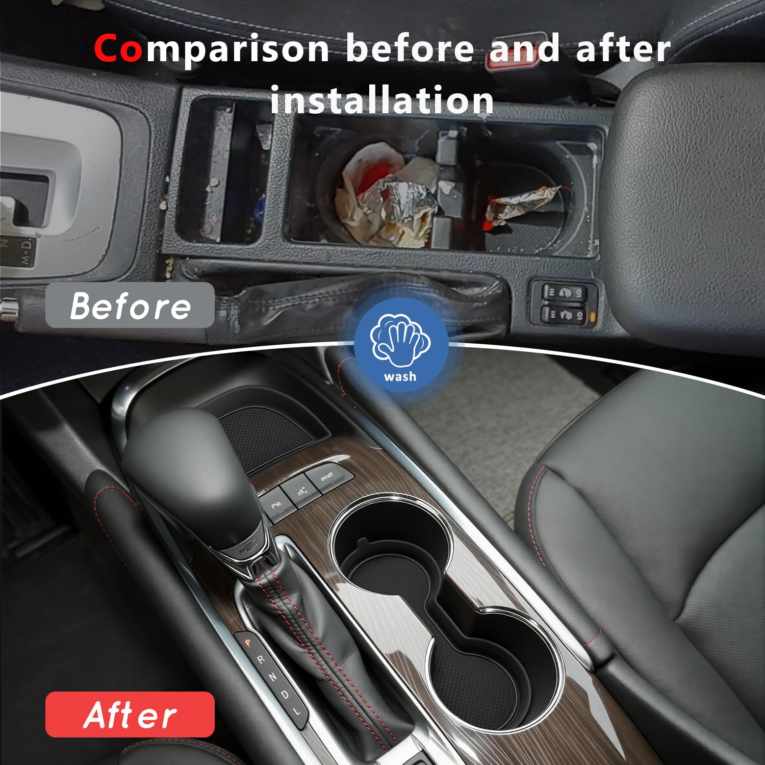 auovo rear cup holder insert in use securing drink and cutting noise